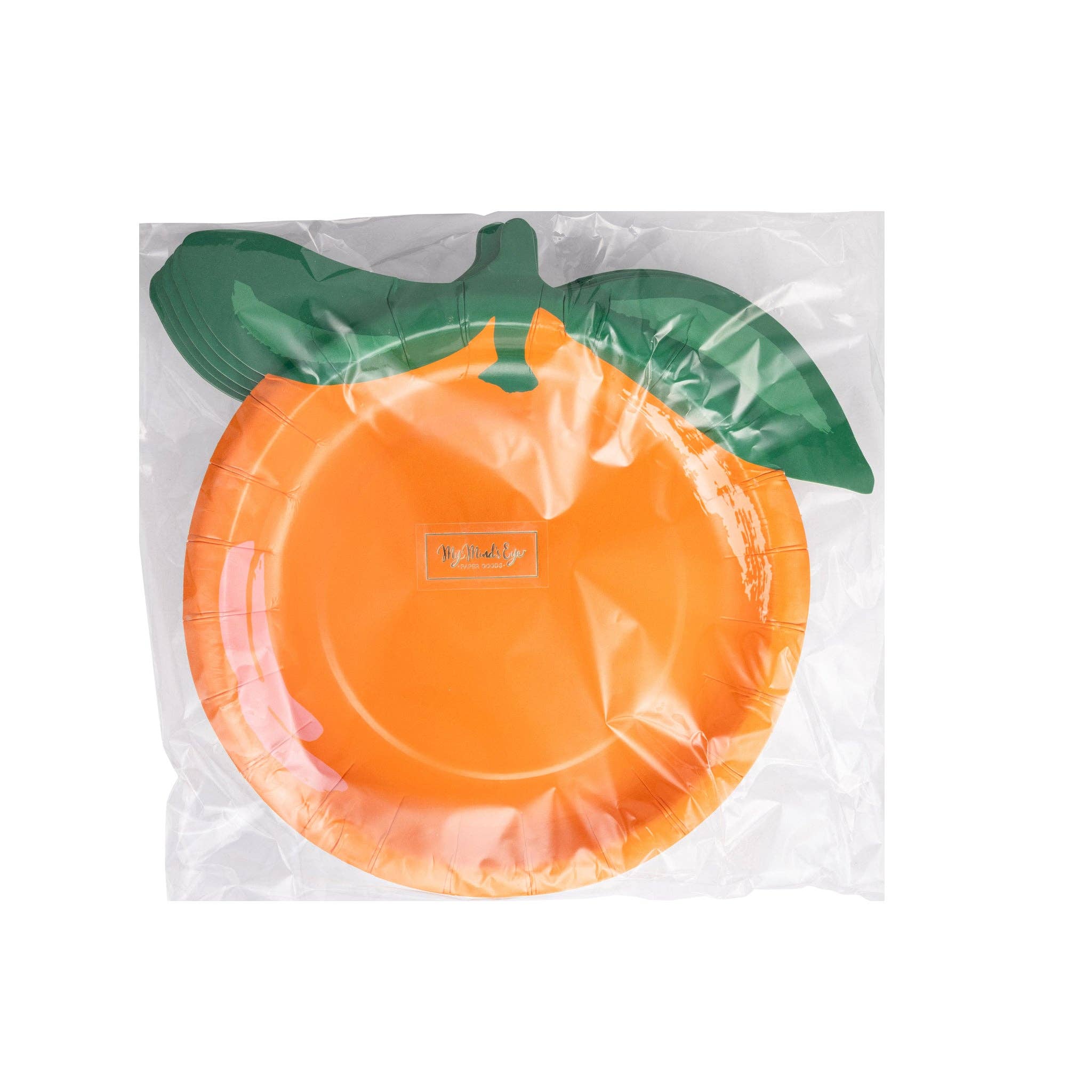 Packaged orange shaped paper plates front view.
