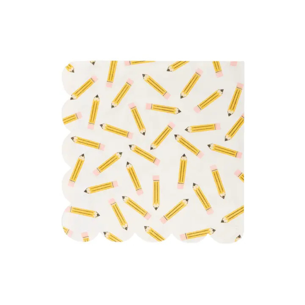 Flat lay of an individual scalloped cocktail napkin decorated with yellow pencils on a white background, ready for use.