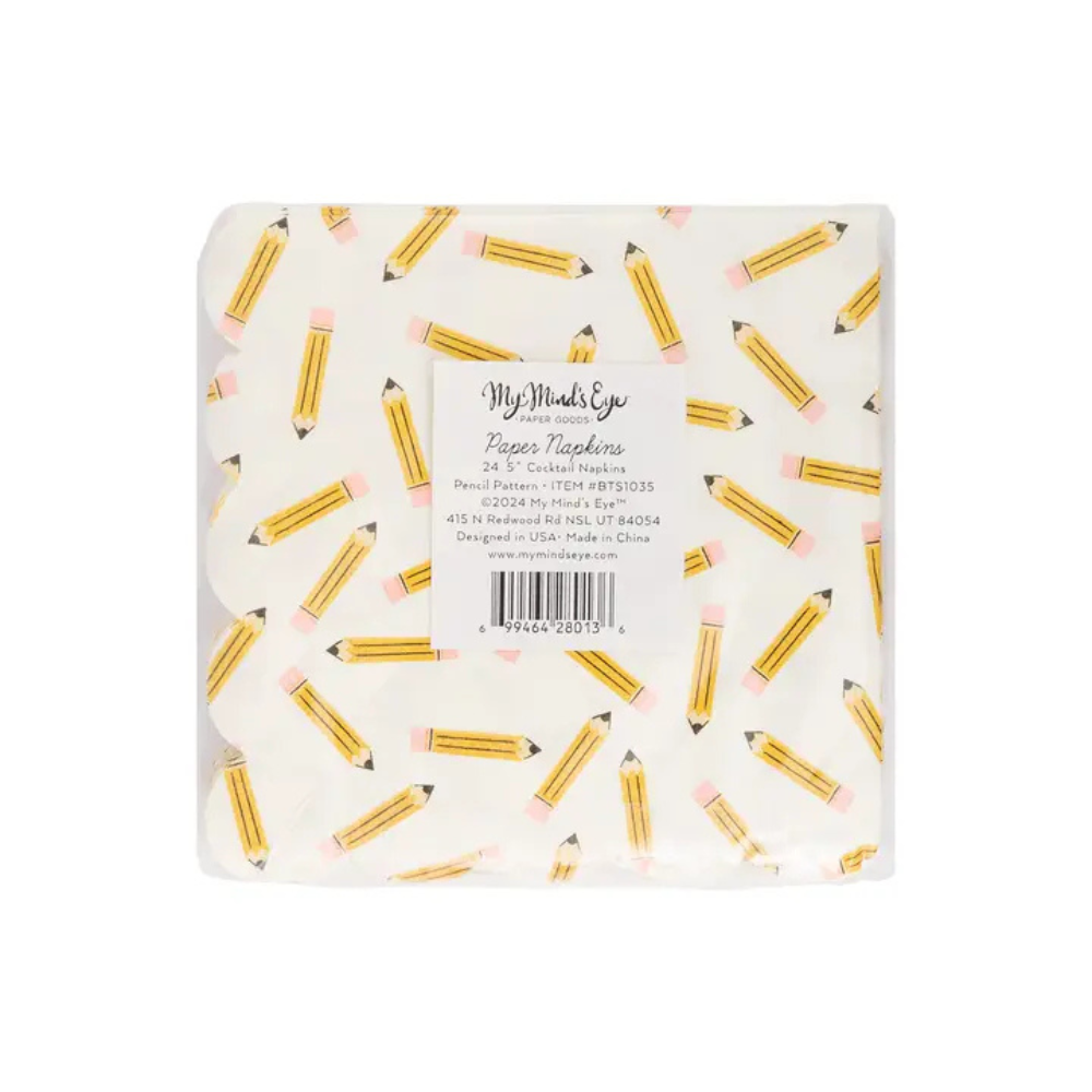 A sealed pack of scalloped paper napkins featuring a yellow pencil pattern, with a product label centered on the front.