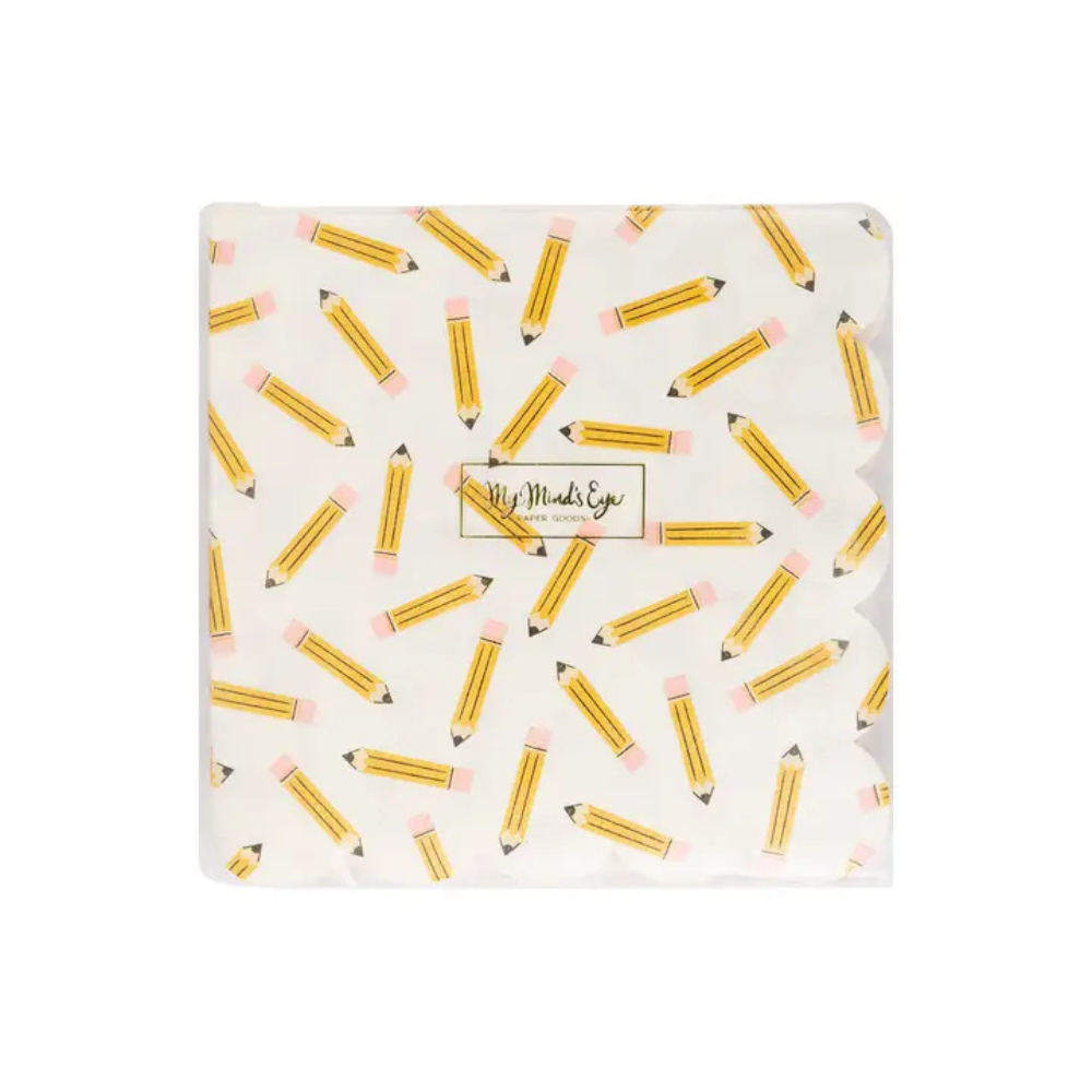 Front view of packaged pencil print napkins showing the full scattered pencil design and scalloped edges.