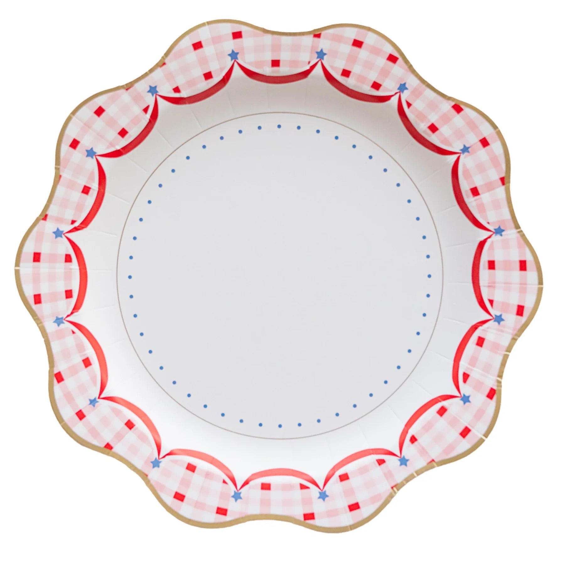 Close-up of Red Gingham 4th of July Dinner Plates with food at a summer BBQ.