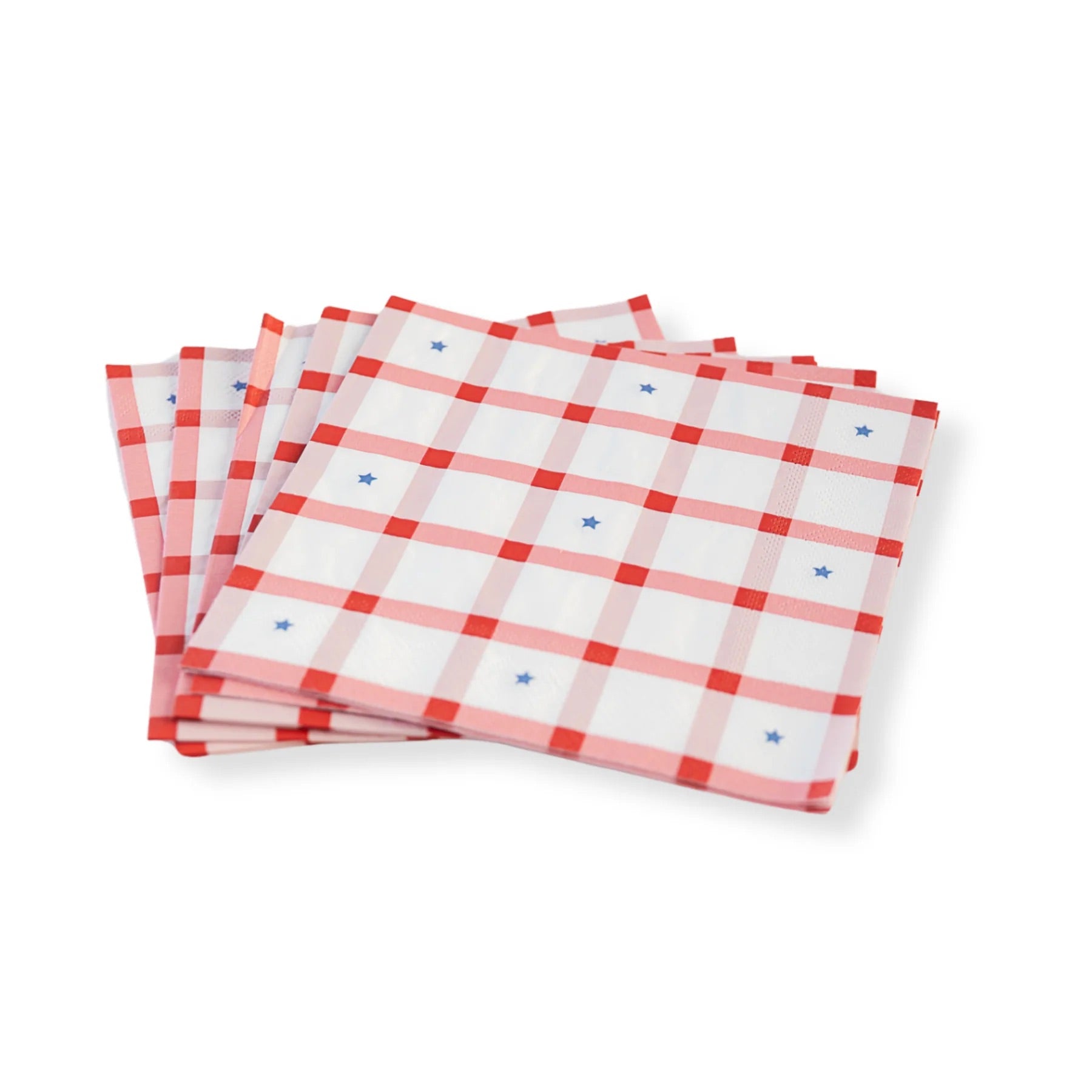 Stack of Red Gingham 4th of July Large Napkins set beside grilled foods and festive drinks.