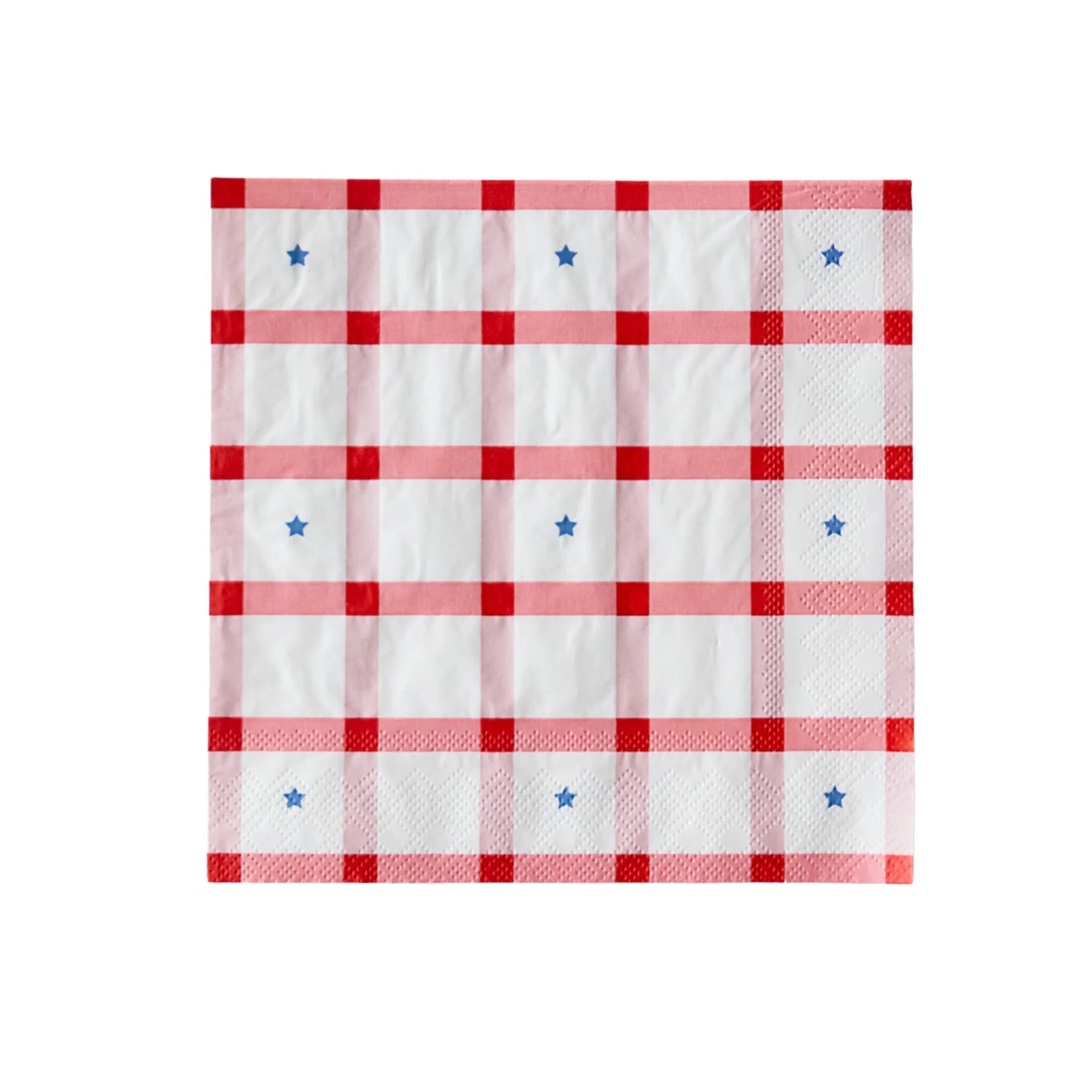 Close-up of Red Gingham 4th of July Large Napkins styled with festive plates and tableware.
