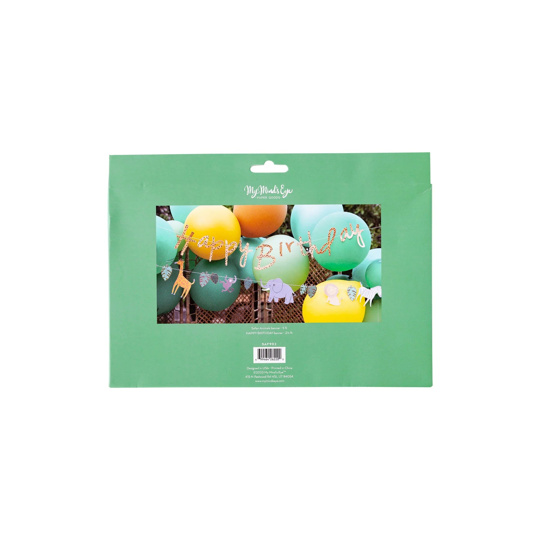 Packaging of the Safari Happy Birthday Banner Set, showing the gold foil "Happy Birthday" and animal banner on green cardboard with branding details.