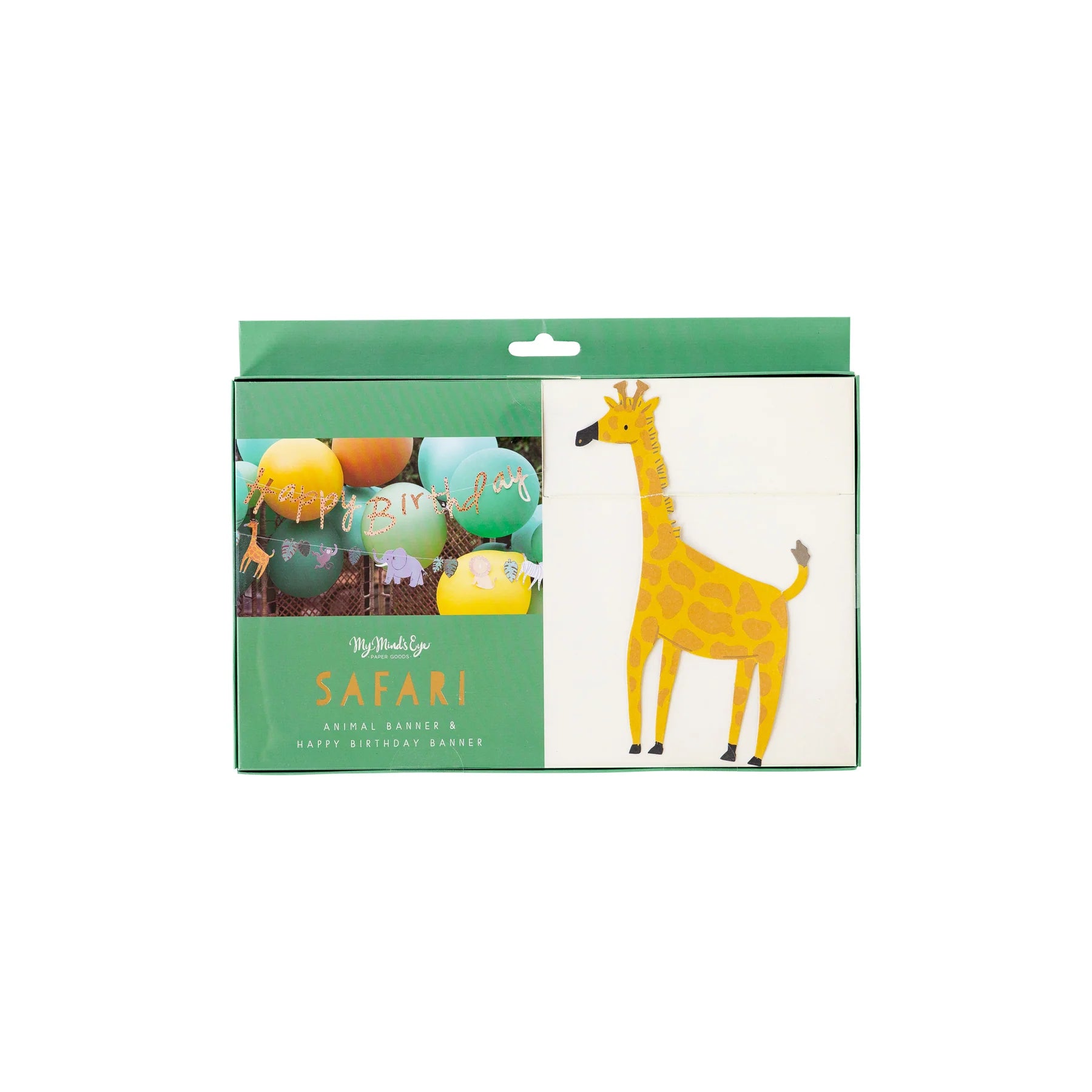 Front packaging of the Safari Banner Set featuring a prominent giraffe character cutout and a glimpse of the banner decorations, packaged in an appealing green box.