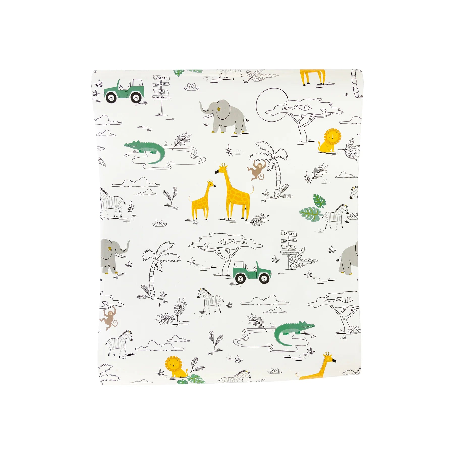 Close-up of a playful safari-themed paper table runner featuring illustrated animals, jeeps, and jungle plants.