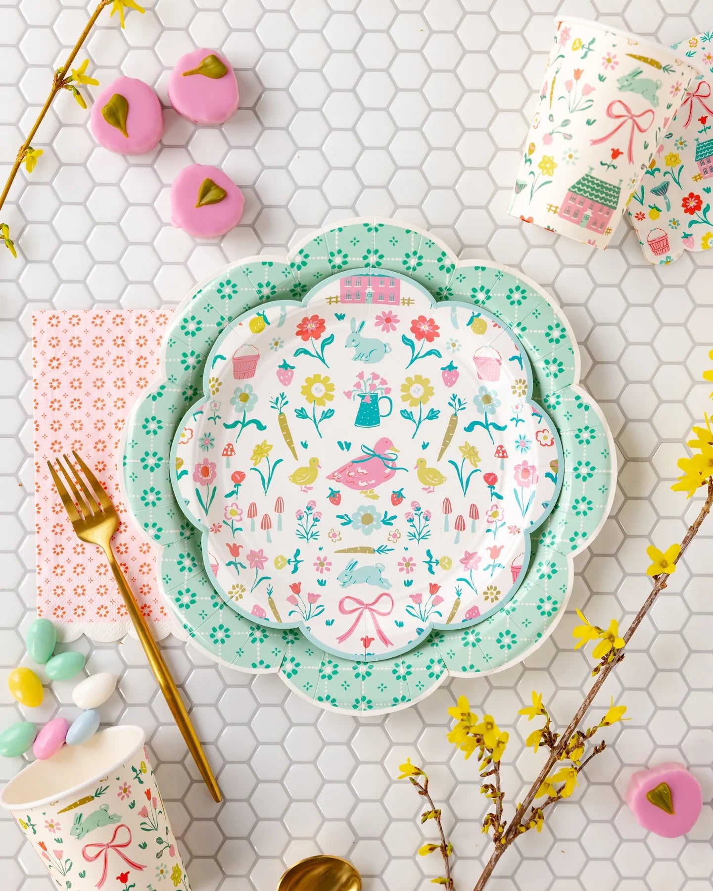 Springtime Cottage Party Cups paired with matching napkins and vintage glassware for a tea party setup.