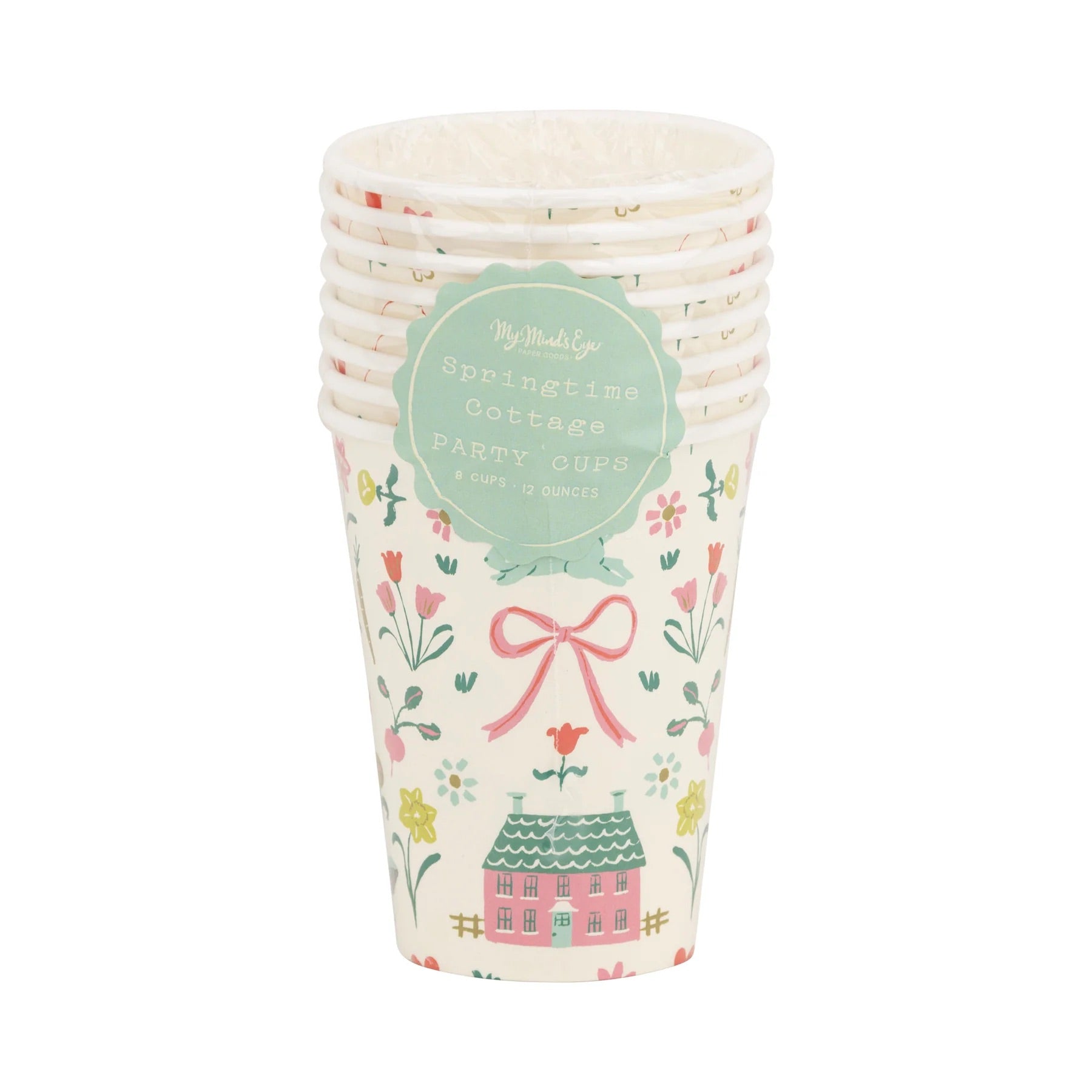 Springtime Cottage Party Cups in packaging, showcasing vintage-inspired floral designs.