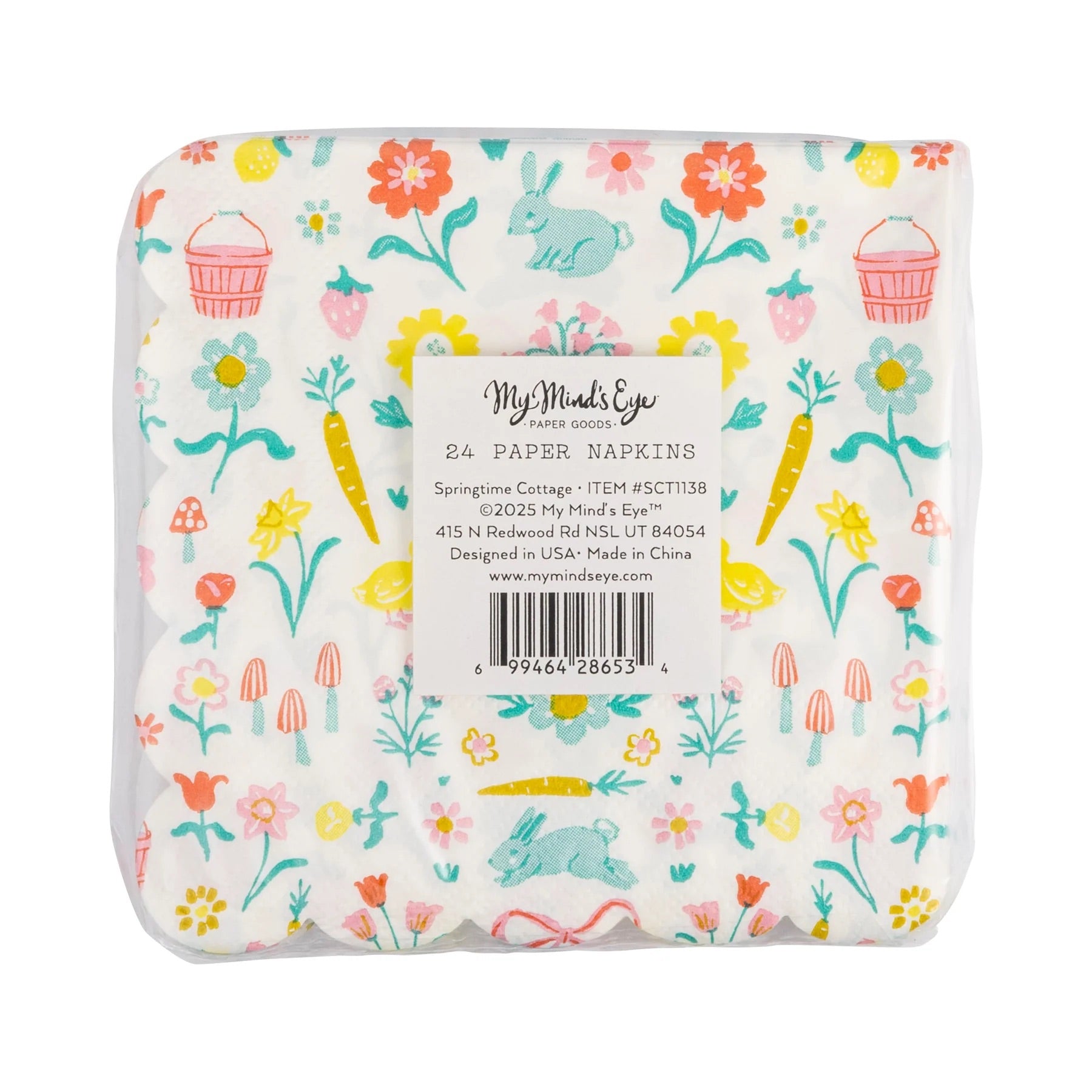 Back of Springtime Cottage Cocktail Napkins in packaging.