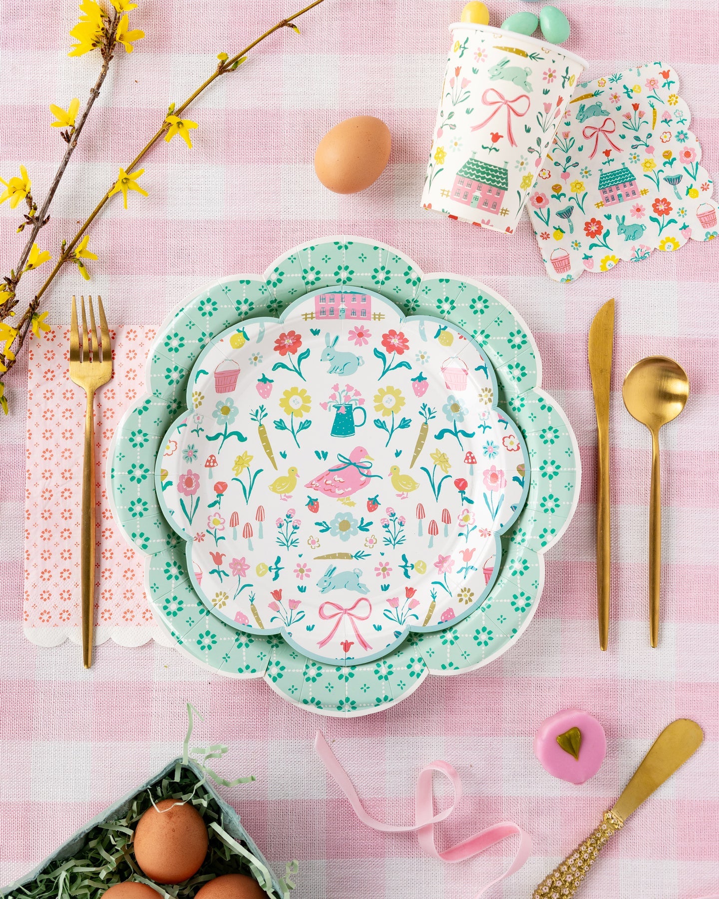Pink Wicker Dinner Napkins styled with floral plates and pastel tableware for a spring brunch.