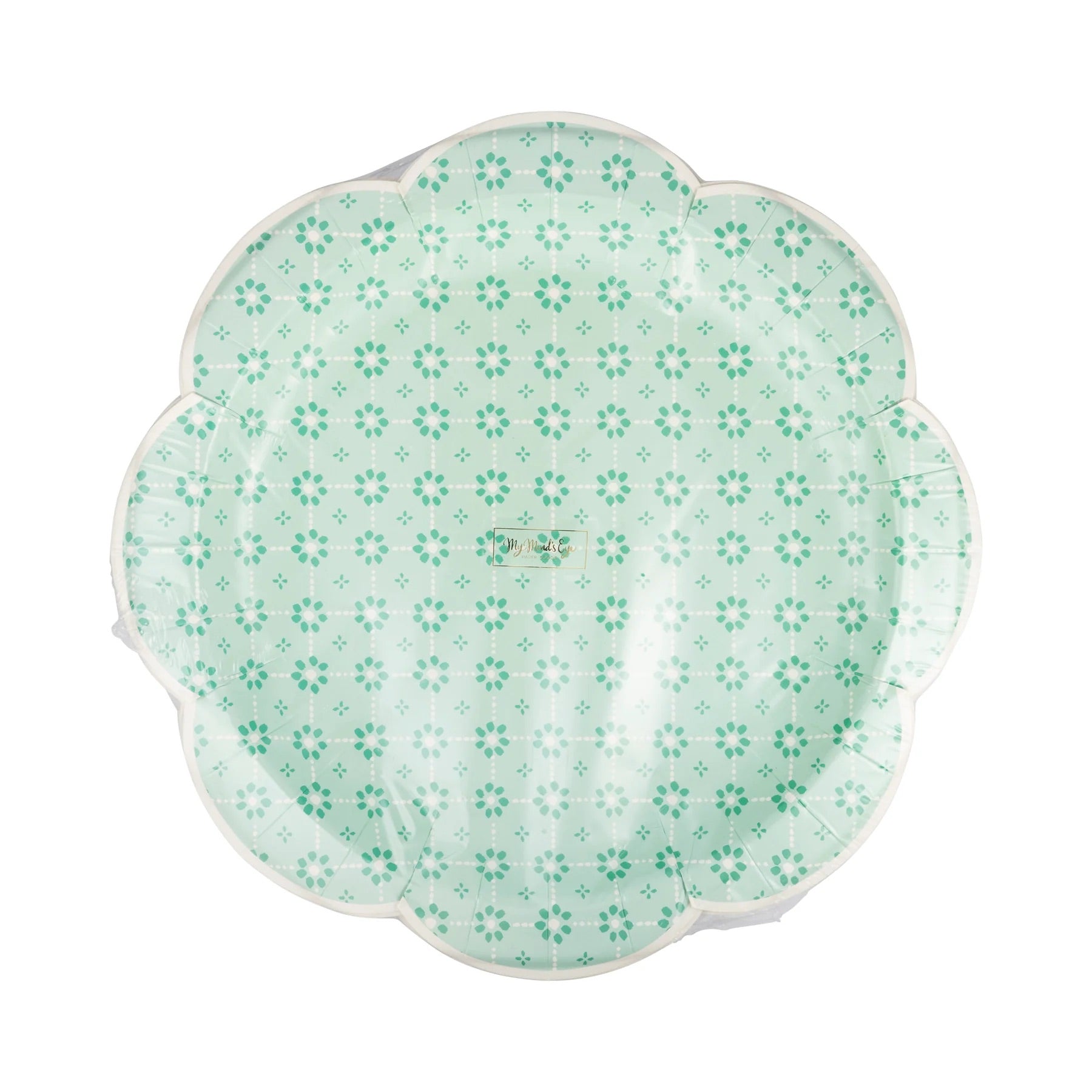 Green Wicker Paper Plates in packaging, featuring vintage-inspired woven detailing.
