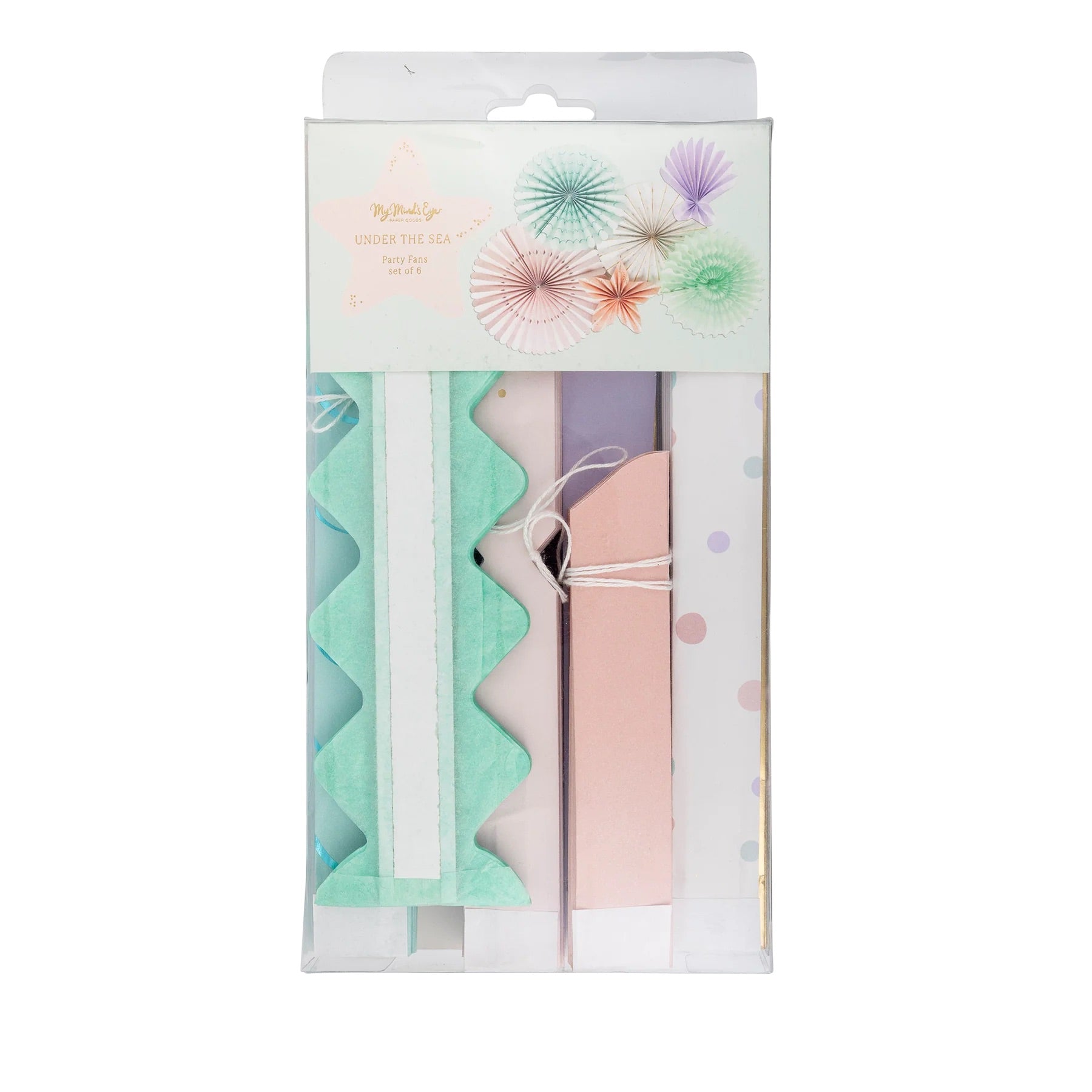 Packaged set of pastel-colored paper fans designed for mermaid party decorations, featuring a variety of sizes and patterns.