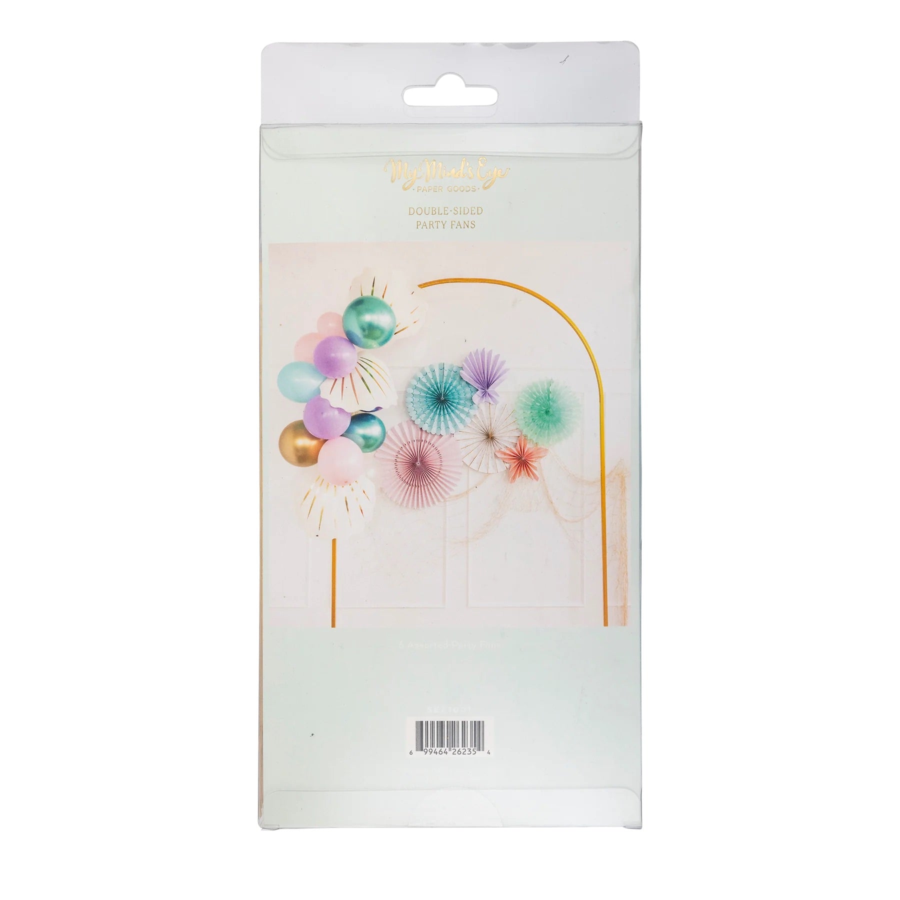 Packaged set of pastel-colored paper fans designed for mermaid party decorations, featuring a variety of sizes and patterns.