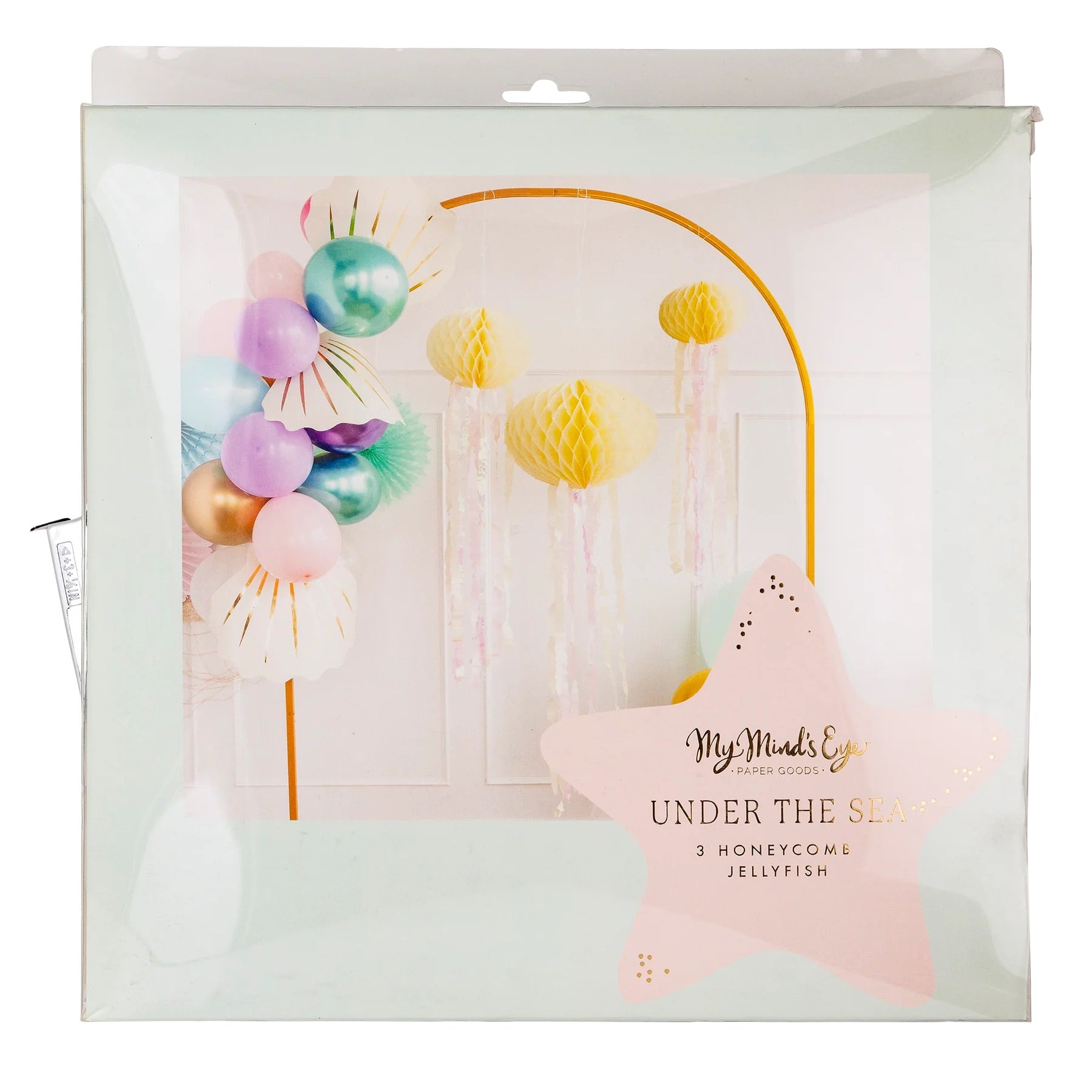 Front packaging of honeycomb jellyfish decorations showing pastel jellyfish decor ideal for mermaid party decorations.