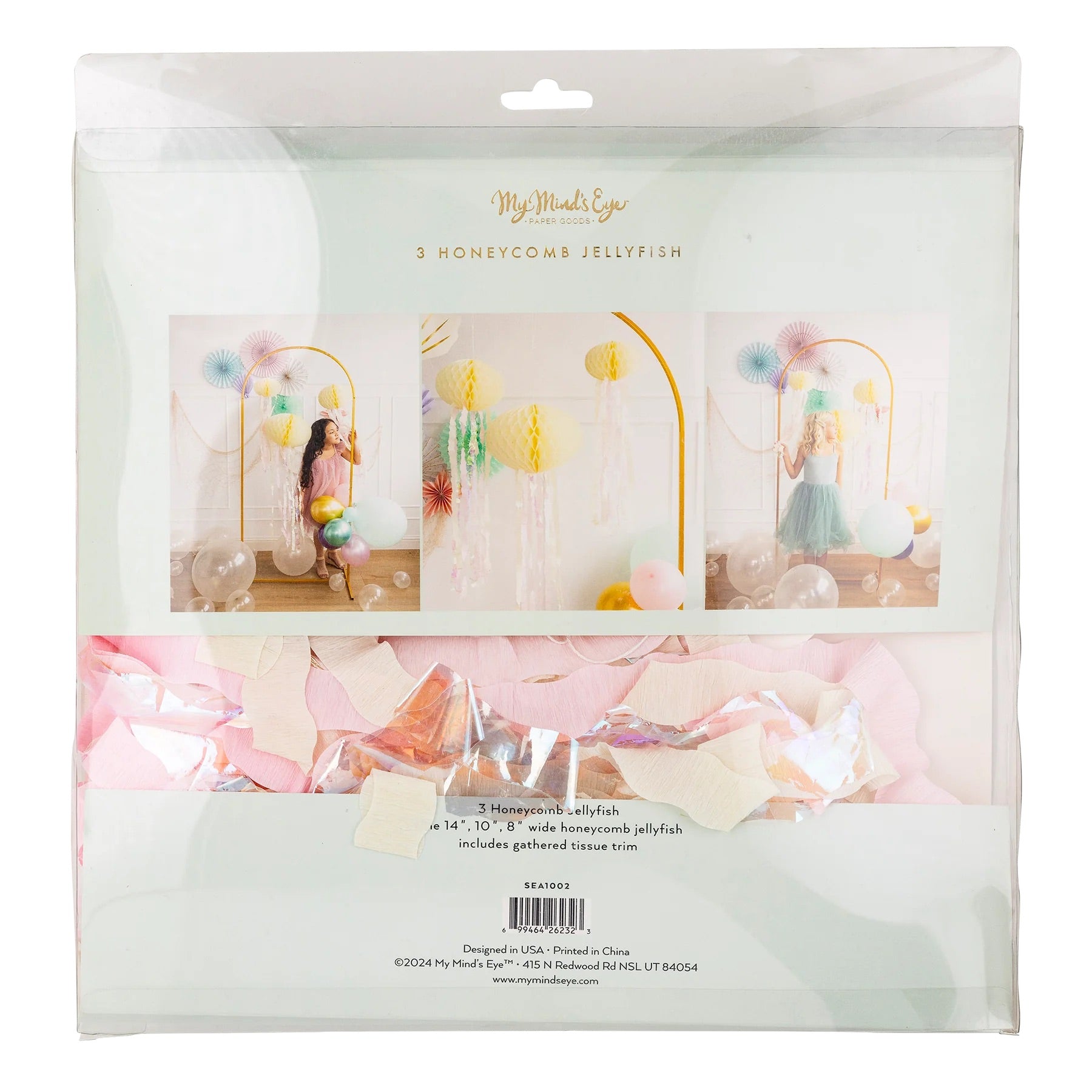 Back of jellyfish decoration packaging highlighting setup instructions and jellyfish sizes, ideal for creating a mermaid-themed party.