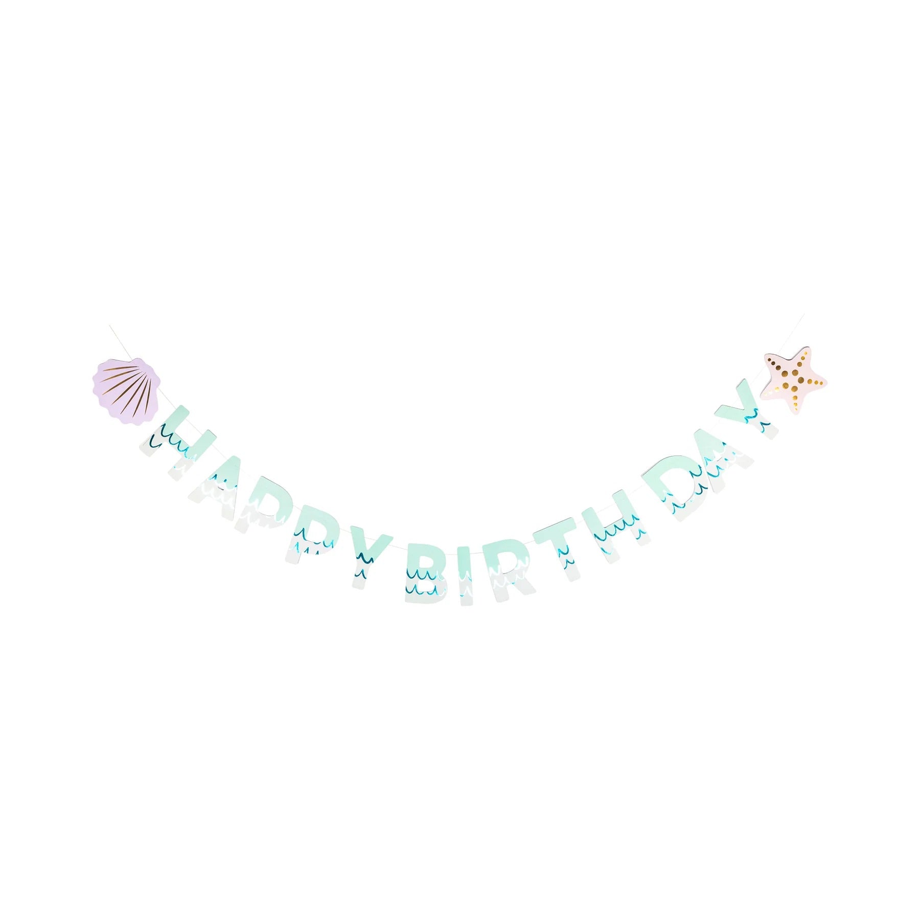Two-piece mermaid birthday banner set featuring an aqua foil 'Happy Birthday' sign with wave details, pastel seashell, starfish, and matching shiny aqua fringe garland.