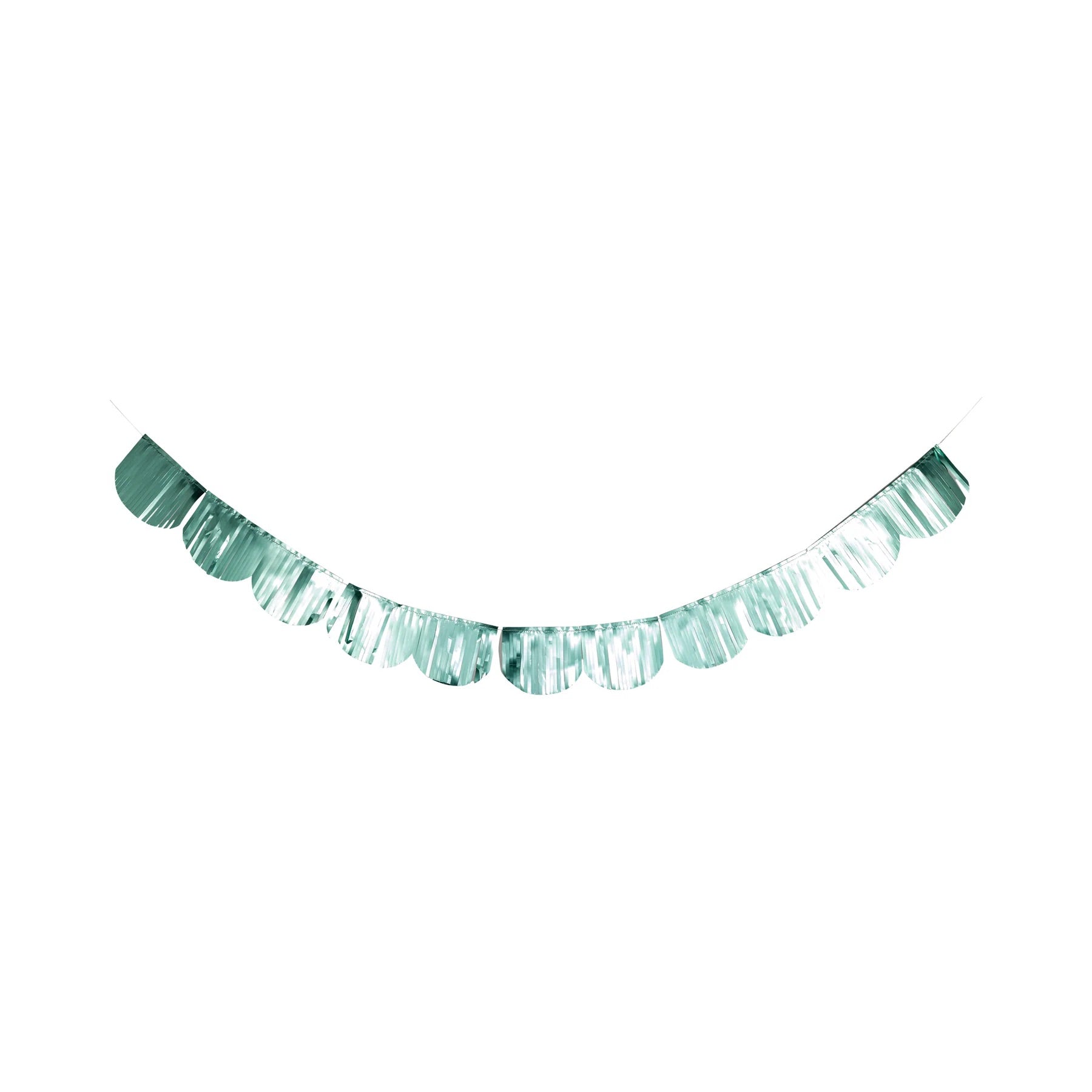 Two-piece mermaid birthday banner set featuring an aqua foil 'Happy Birthday' sign with wave details, pastel seashell, starfish, and matching shiny aqua fringe garland.