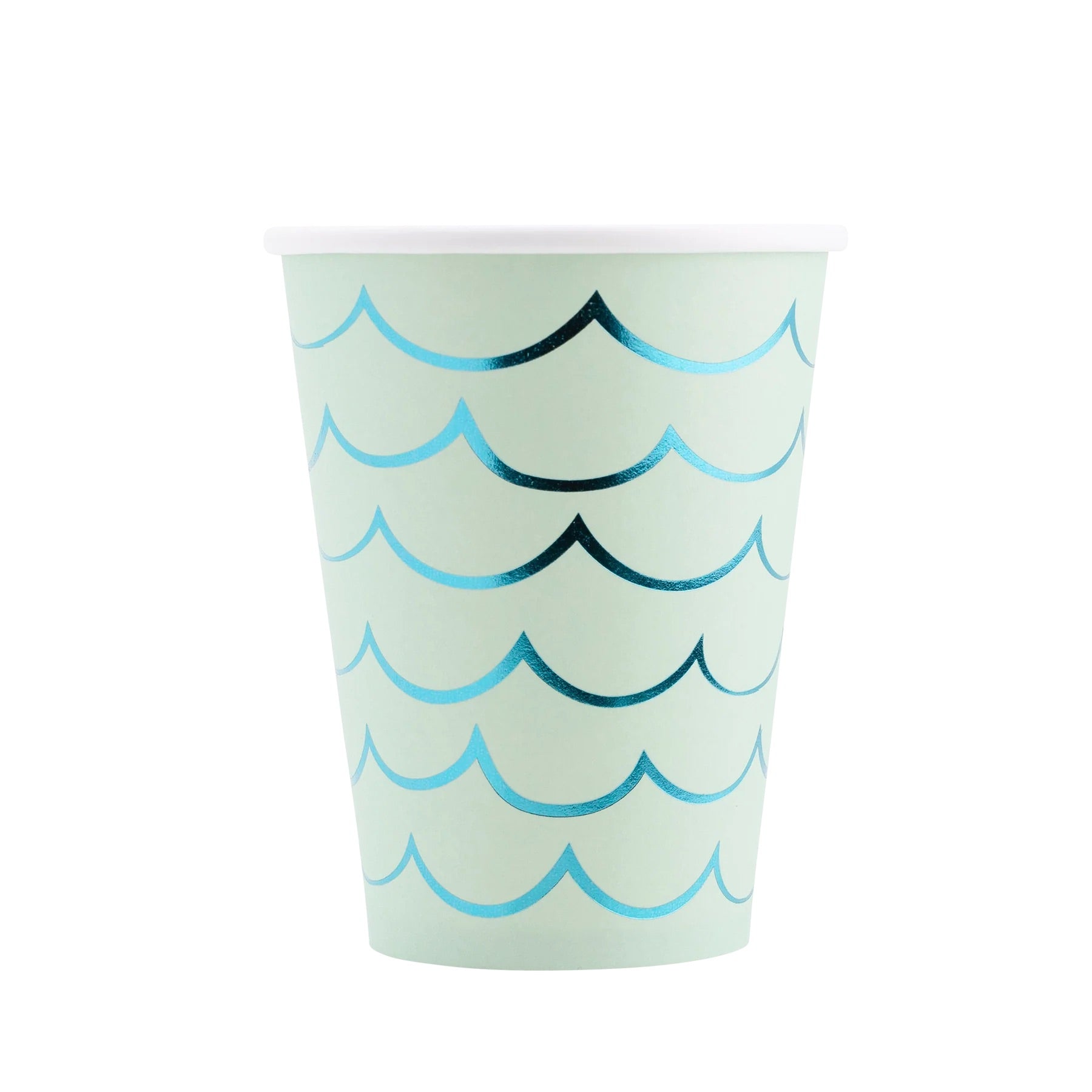 Close-up image of a single aqua-colored paper cup with shiny blue mermaid scale details, ideal for mermaid-themed parties.