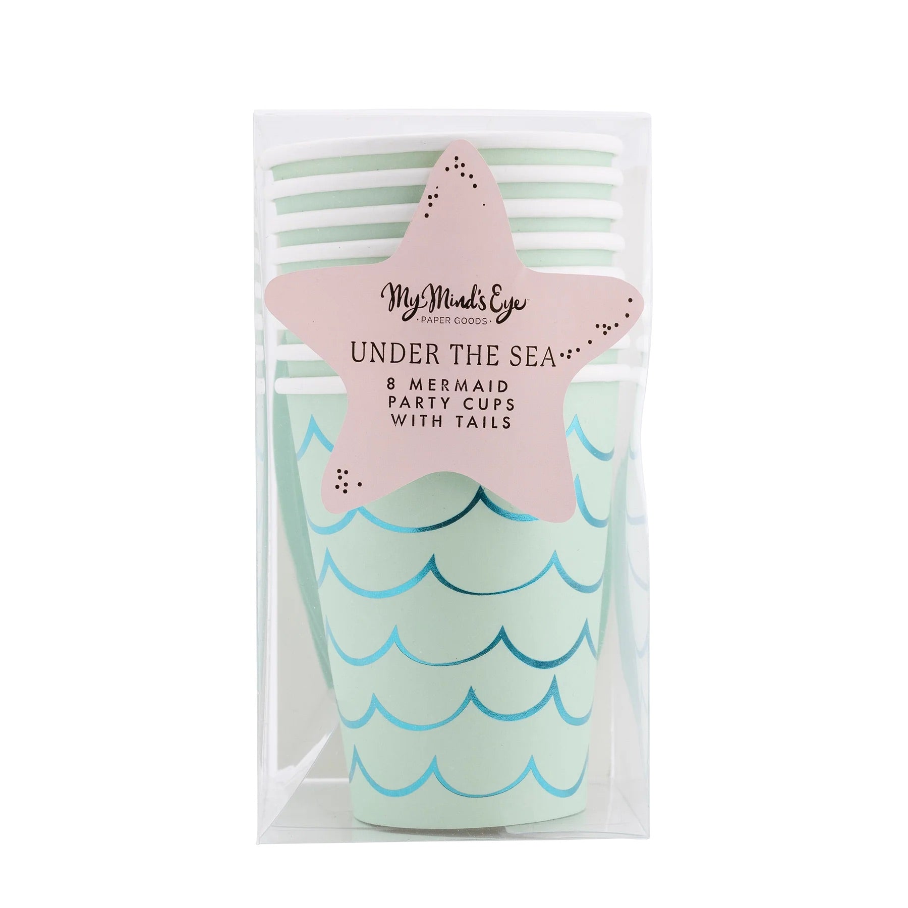Packaged set of eight aqua foil cups with mermaid scale patterns and a pink starfish label reading "Under the Sea."