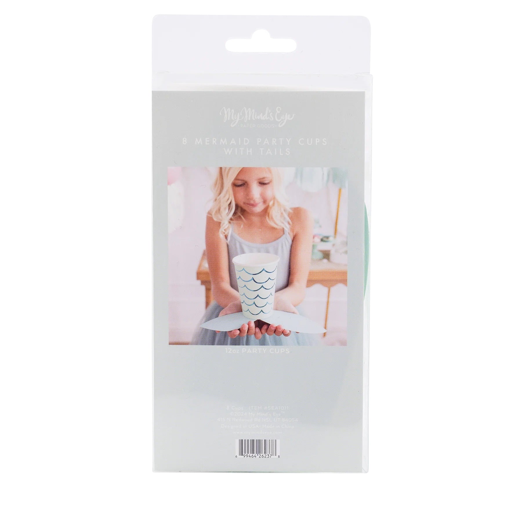 Product packaging showing a girl holding a mermaid tail cup, featuring the text "8 Mermaid Party Cups With Tails."