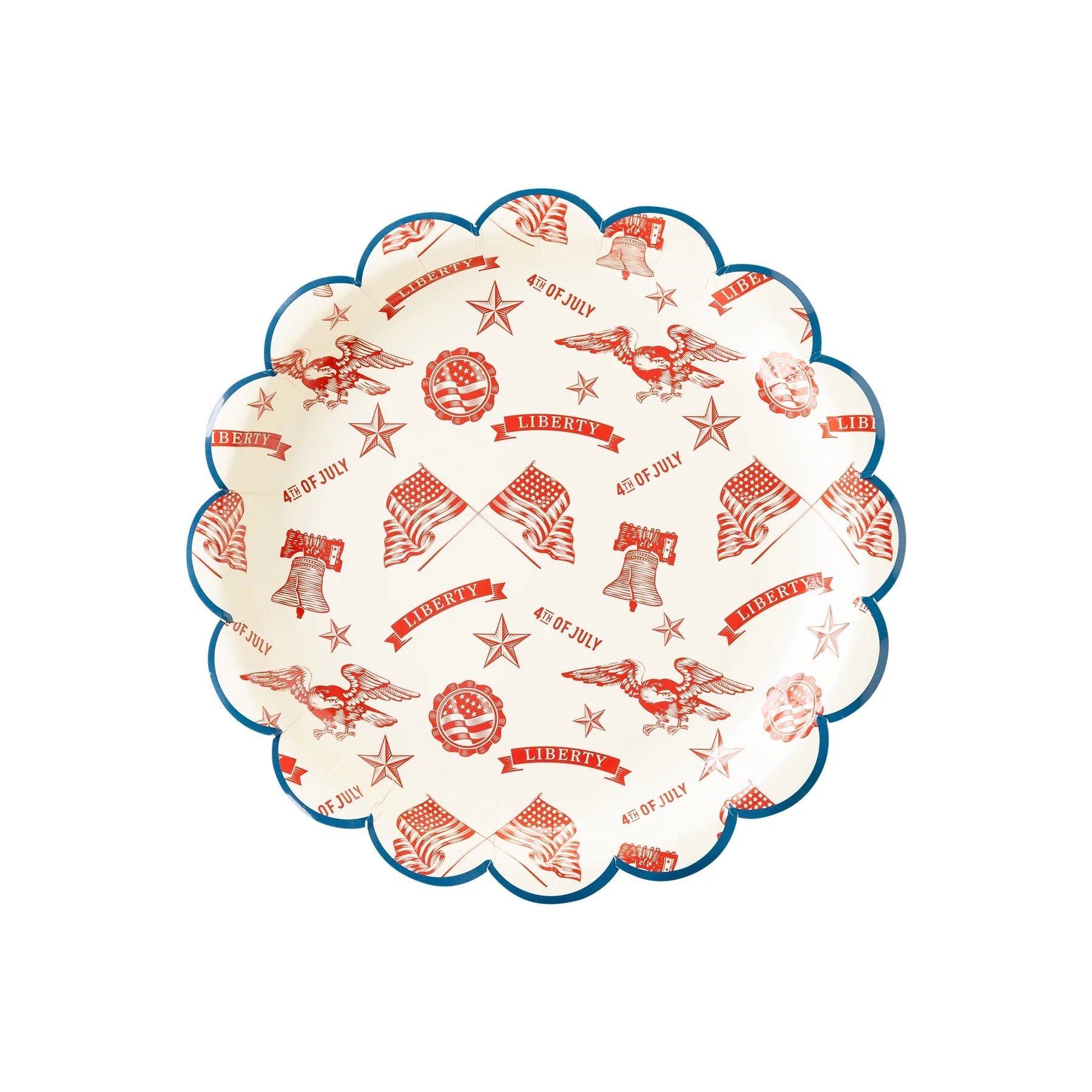 4th of July liberty paper plates with scalloped edge.