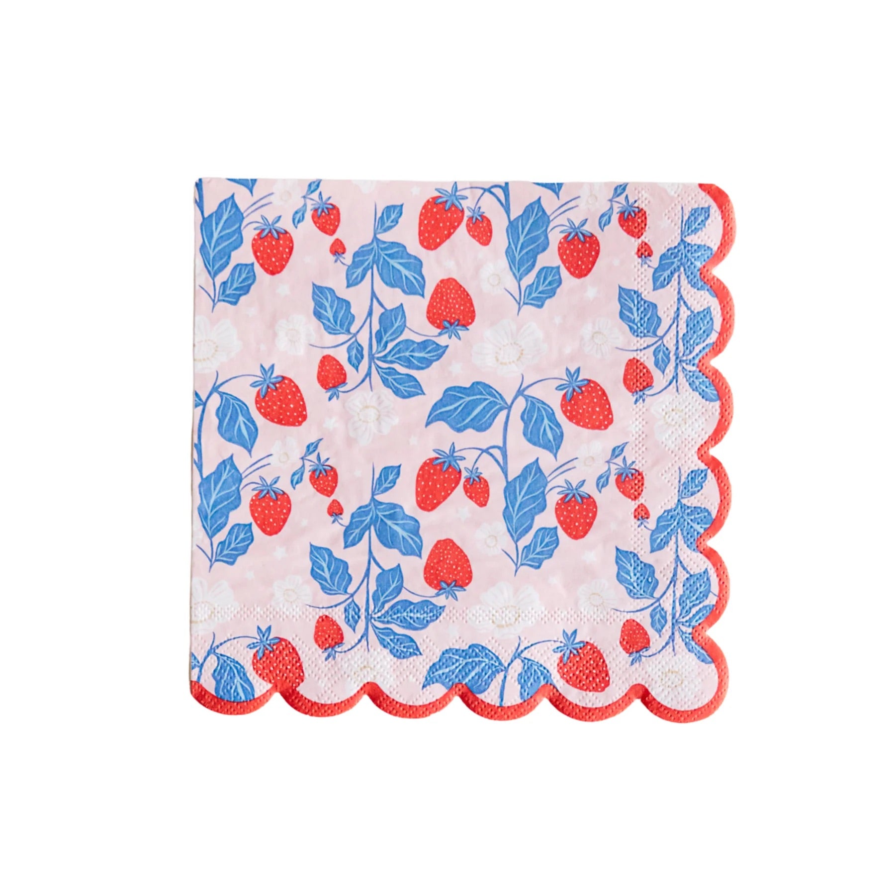 A pink paper napkin with a charming strawberry and floral print, trimmed with a scalloped red edge.