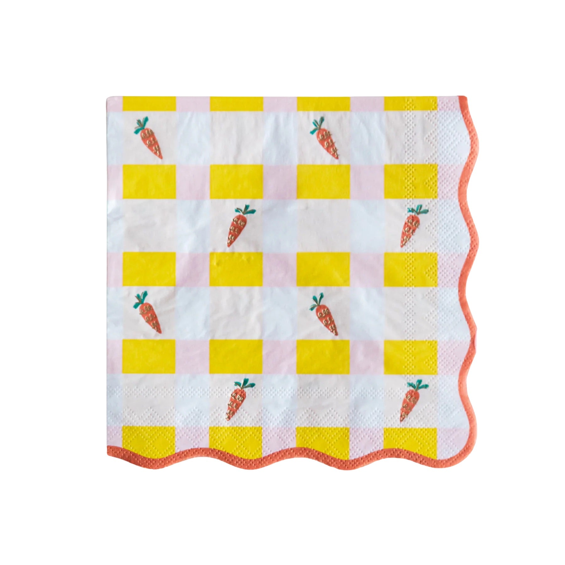 A close-up of a single Sweet Carrot Easter napkin, showcasing a playful checkered pattern in yellow and pink with charming carrot details, finished with a scalloped orange trim.