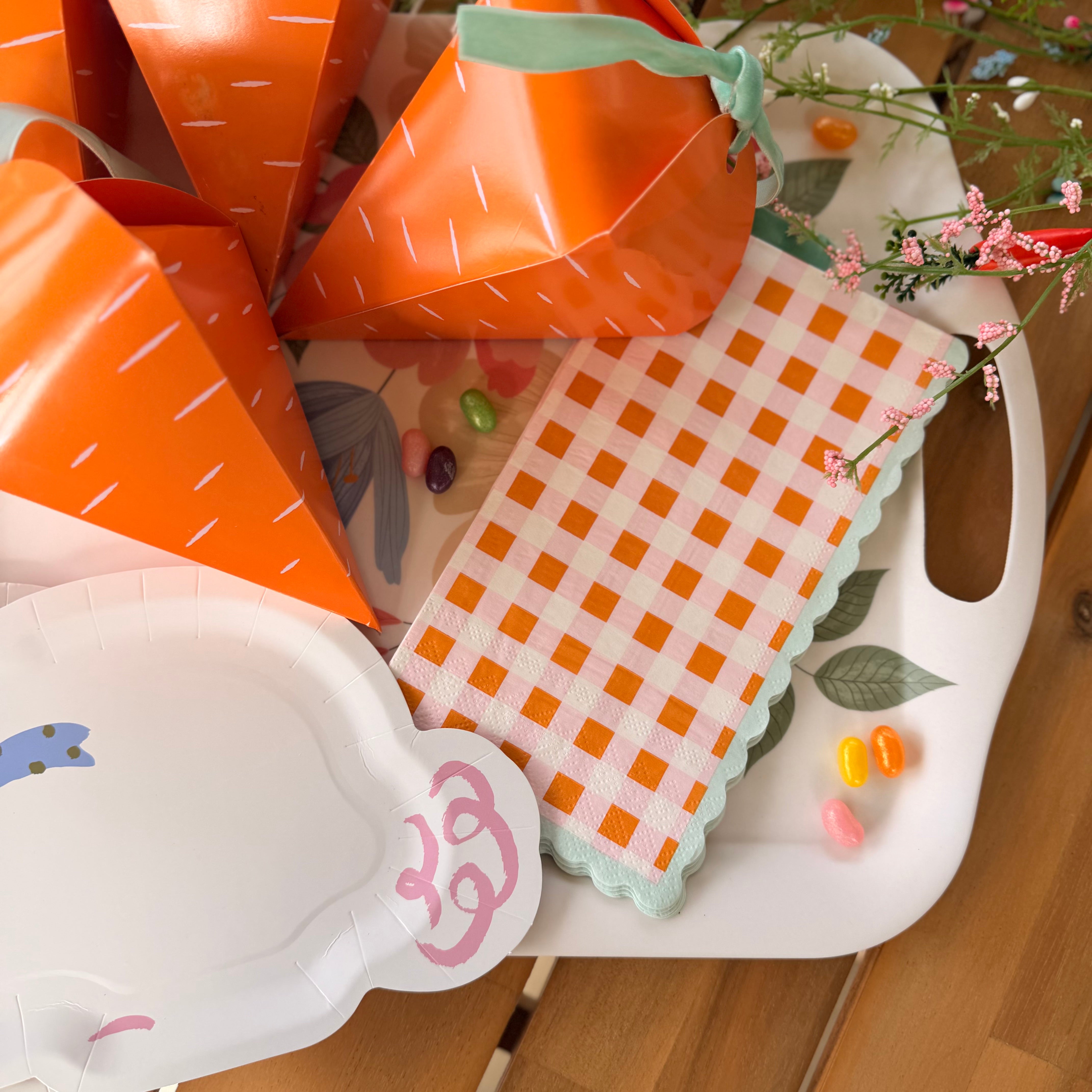 Carrot Patch gingham napkins styled in lifestyle photo for Easter