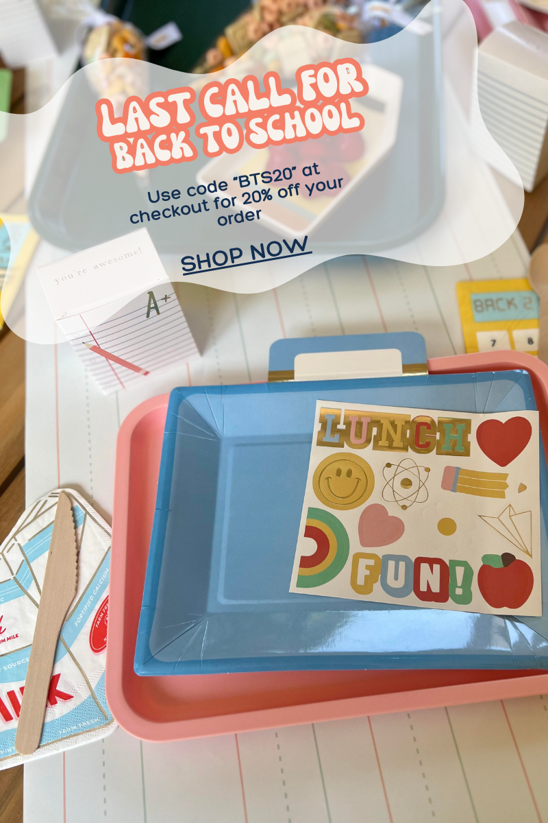 Colorful back‑to‑school lunch tray with fun stickers, wooden utensils, and a 20 % off “BTS20” promo—perfect for classroom party supplies.