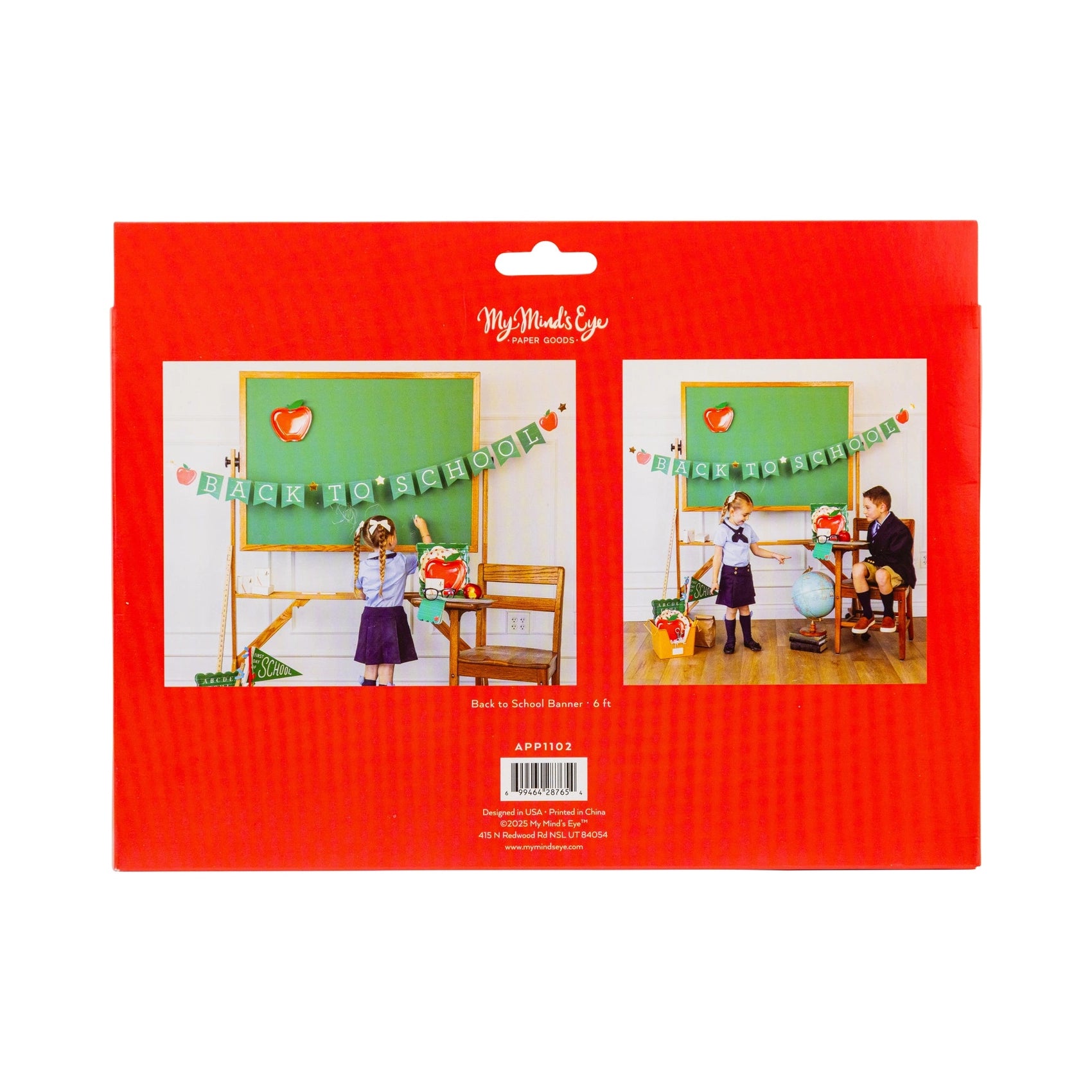 Packaging showing two lifestyle images of children using the Back to School Banner in a classroom setup.