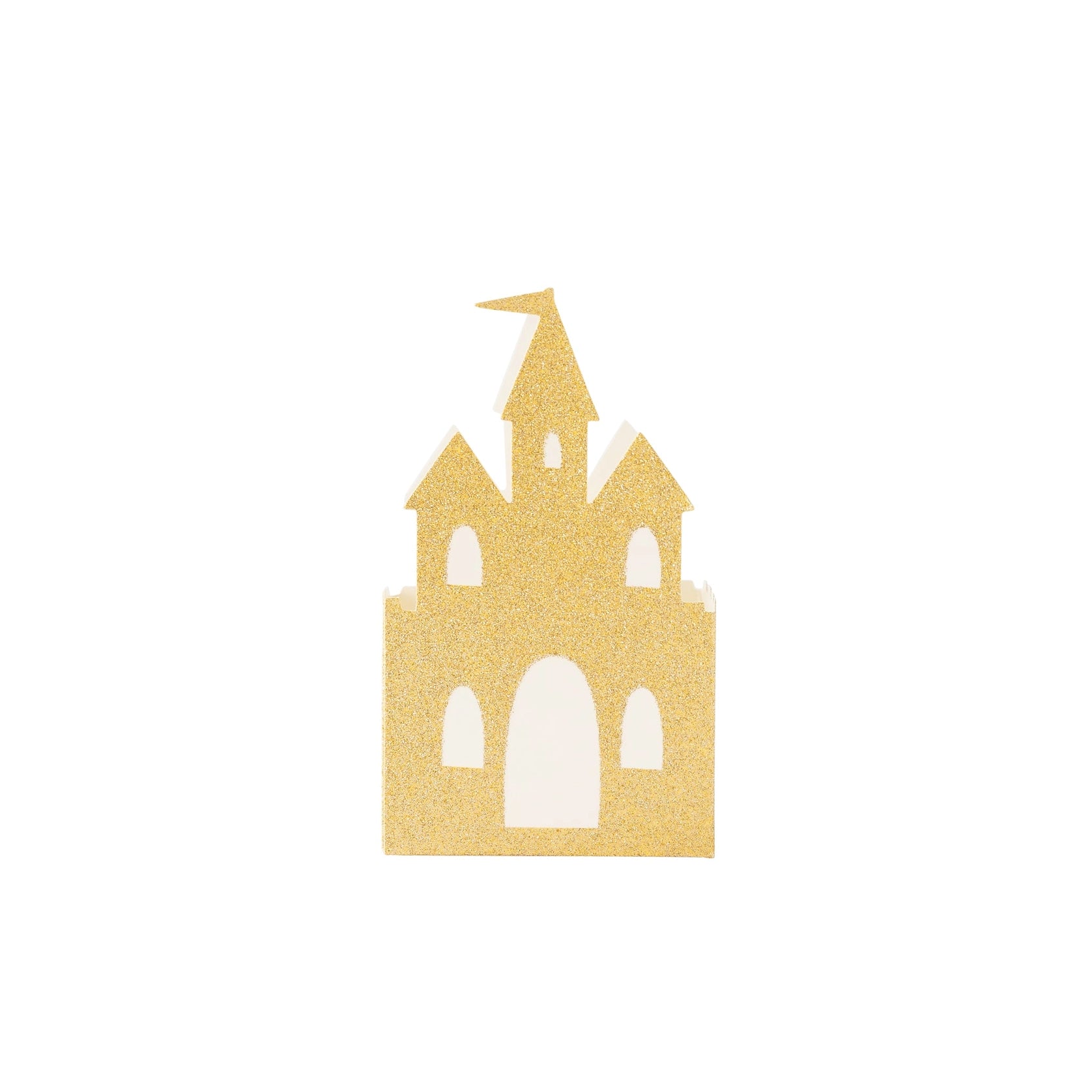 Isolated gold castle favor box on white background, showing arched doorway and tower flag.