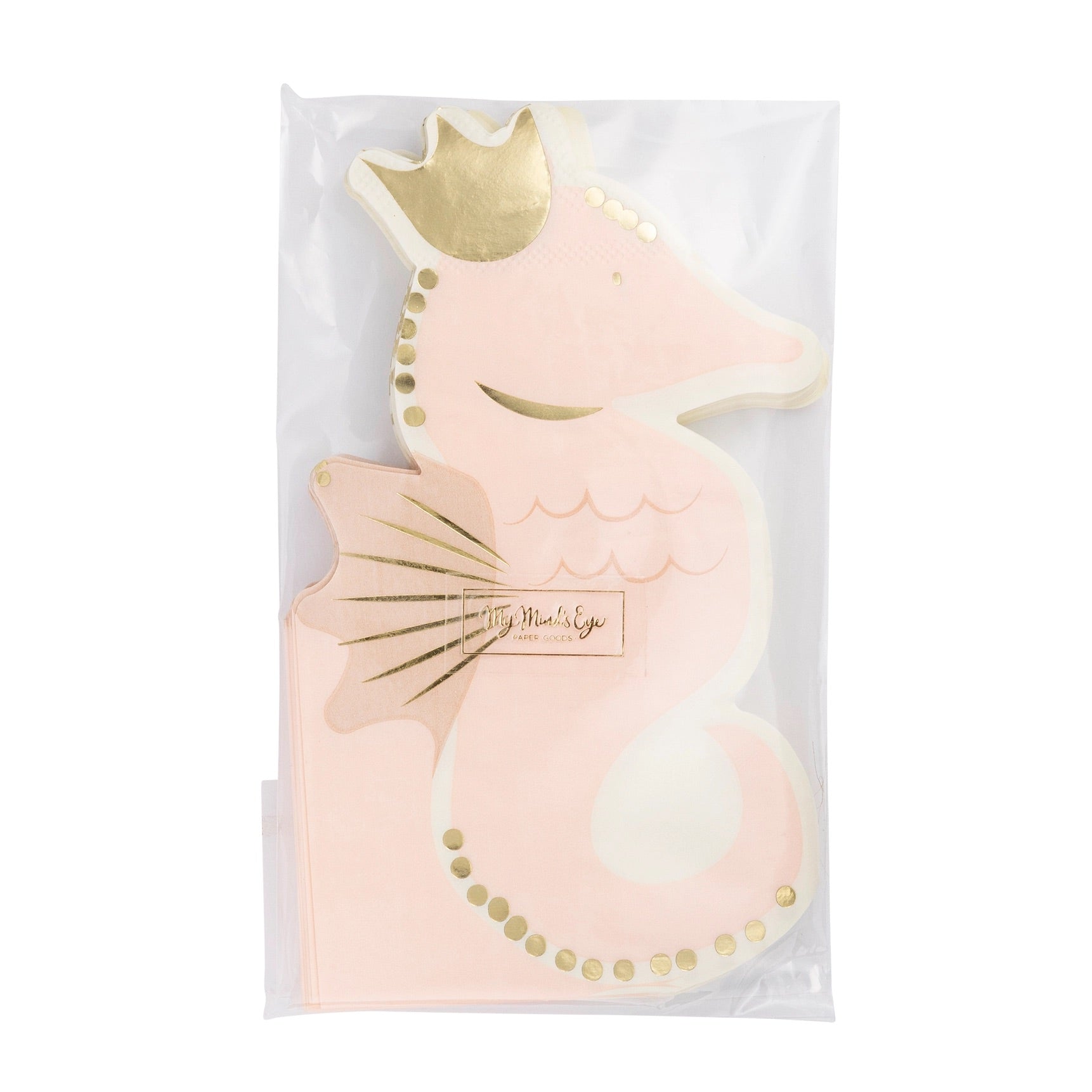 Front view of charming pink seahorse-shaped napkins in clear packaging, featuring shiny gold foil accents on the crown and tail.