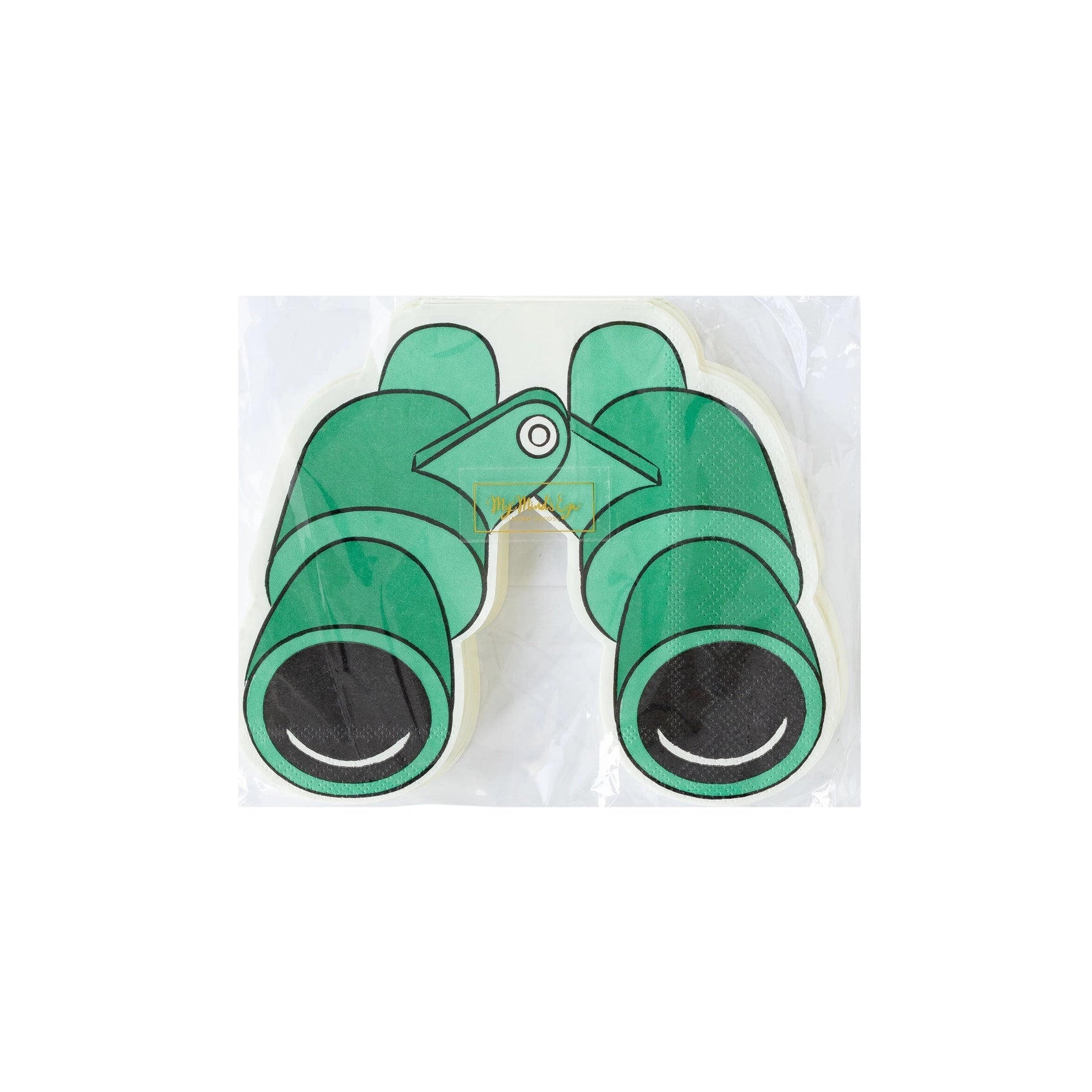 Pack of safari-themed binocular-shaped paper napkins displayed in clear packaging.