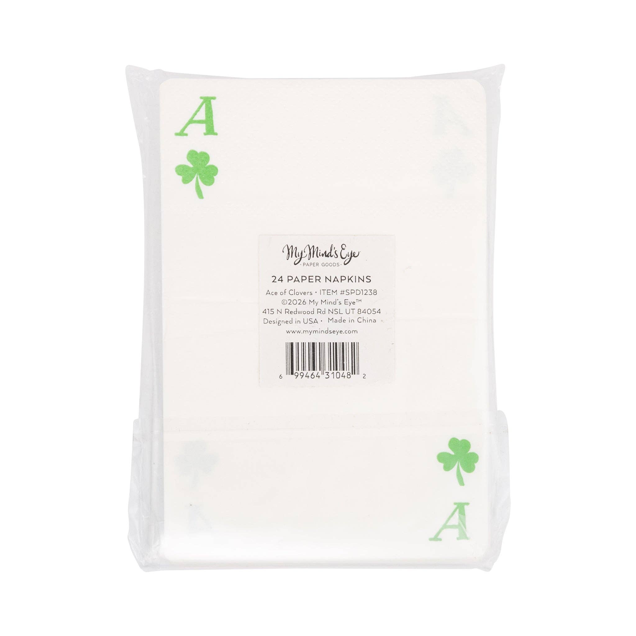 Back view of packaging of ace of clovers dinner napkins for St. Patrick’s Day celebrations
