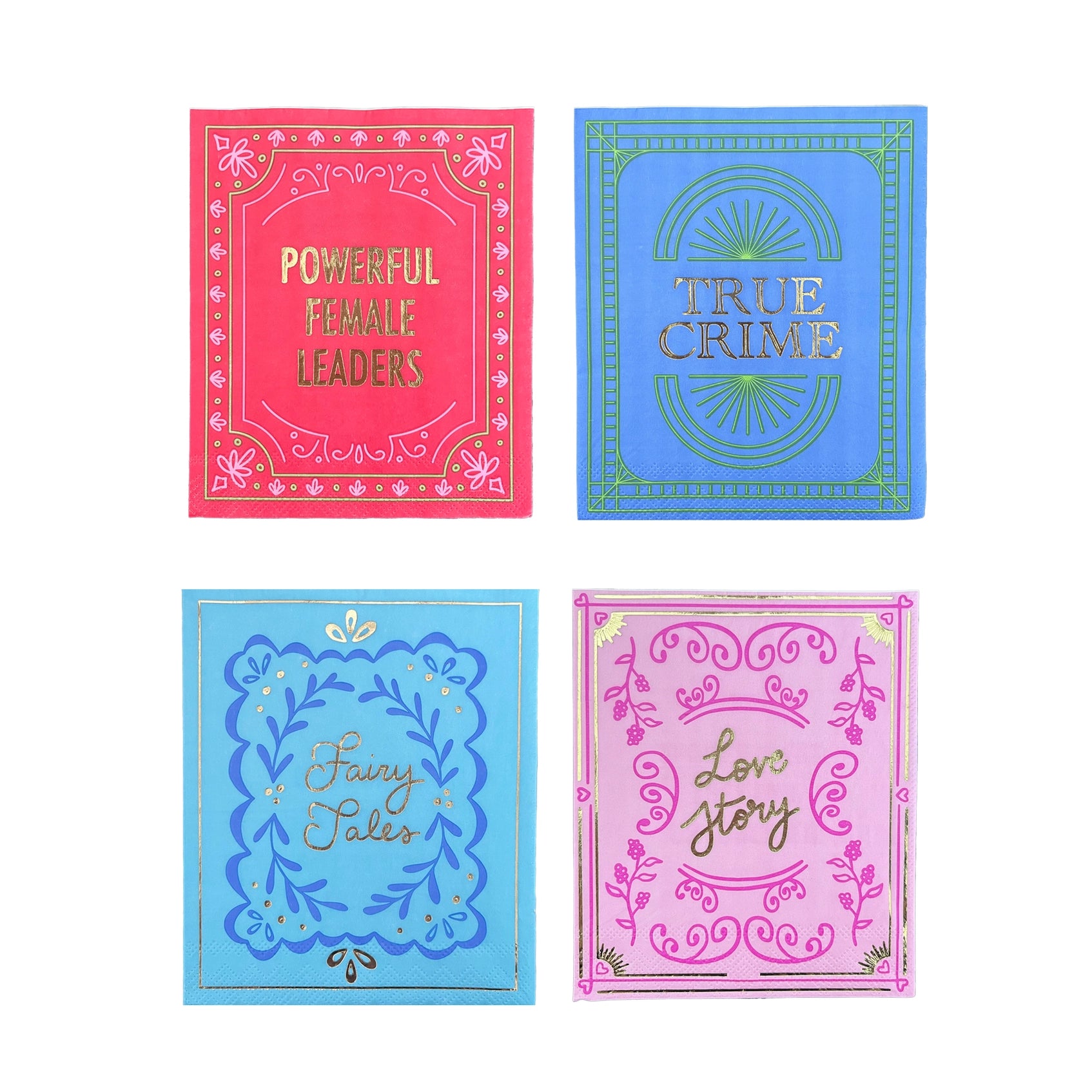 Full set of four assorted book-cover themed cocktail napkins: 'Powerful Female Leaders,' 'True Crime,' 'Fairy Tales,' and 'Love Story.'