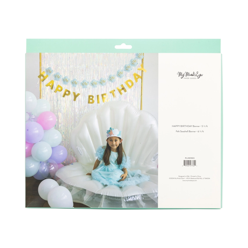 Retail package showing mermaid felt banner set with photo of girl on inflatable seashell chair.
