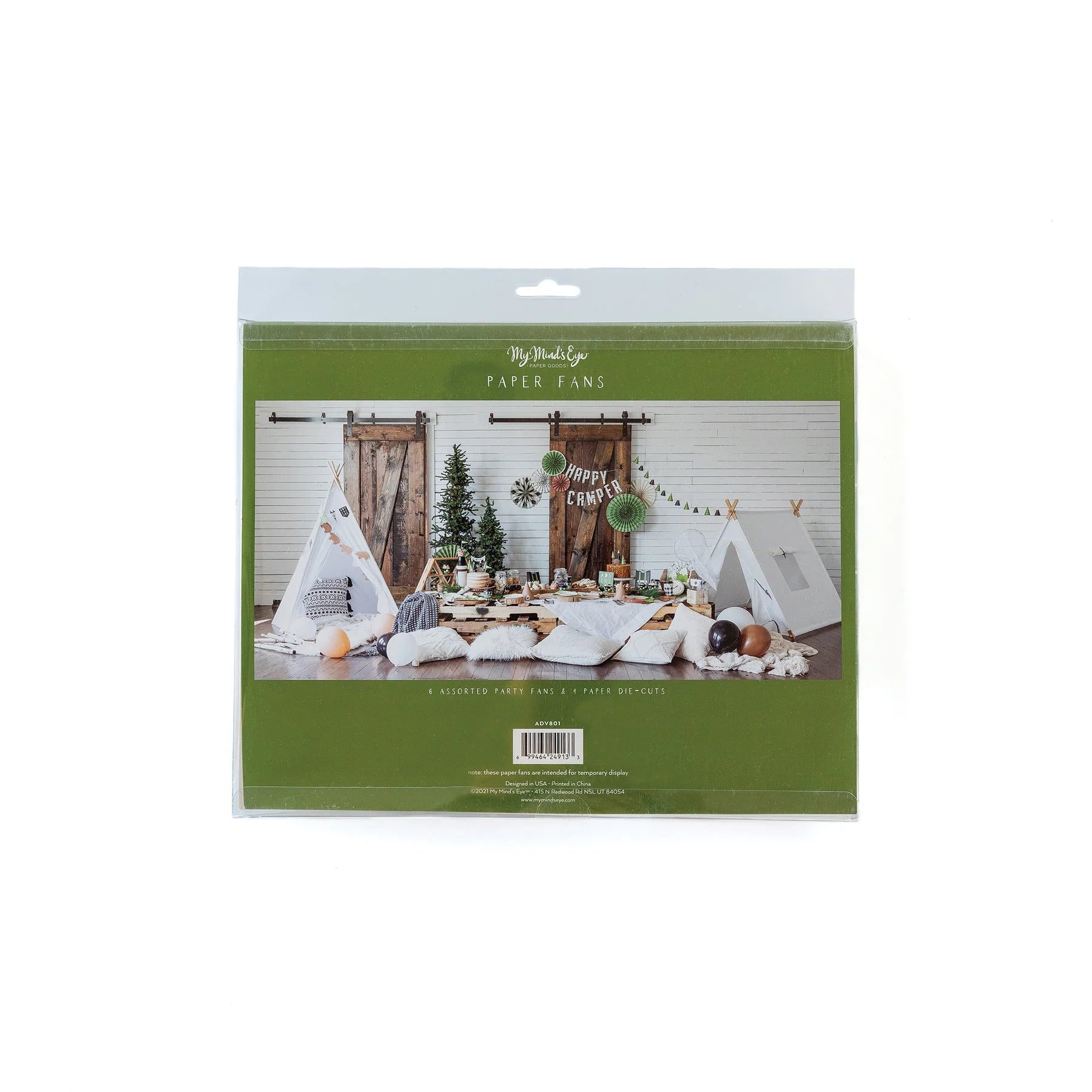 Adventure Party Fans Set in original packaging featuring paper fans and rustic camp-themed party decor with teepees and forest accents.