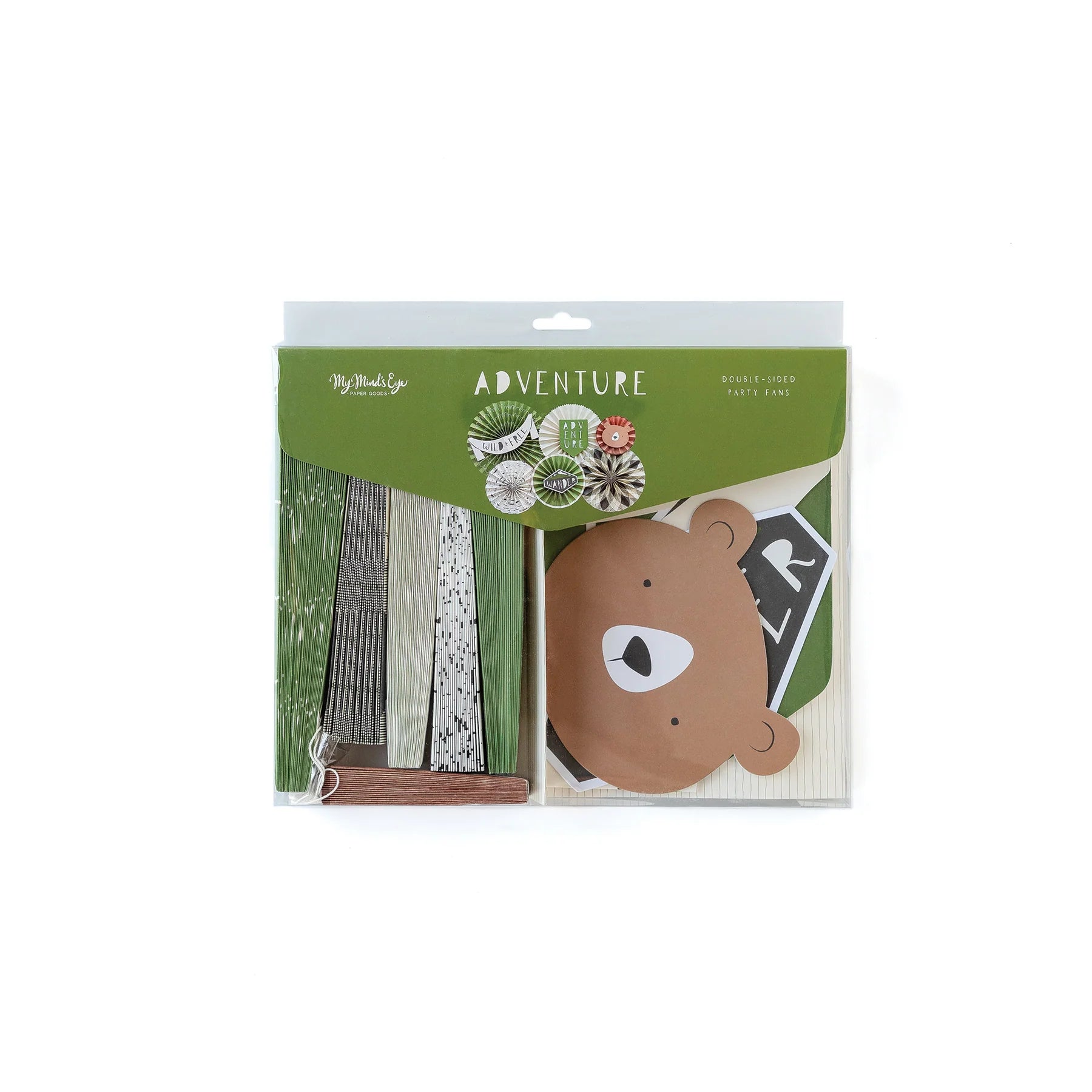 Back view of the Adventure Party Fans Set showcasing fan designs, forest colors, and cute die-cut accents like the bear face and birch prints.