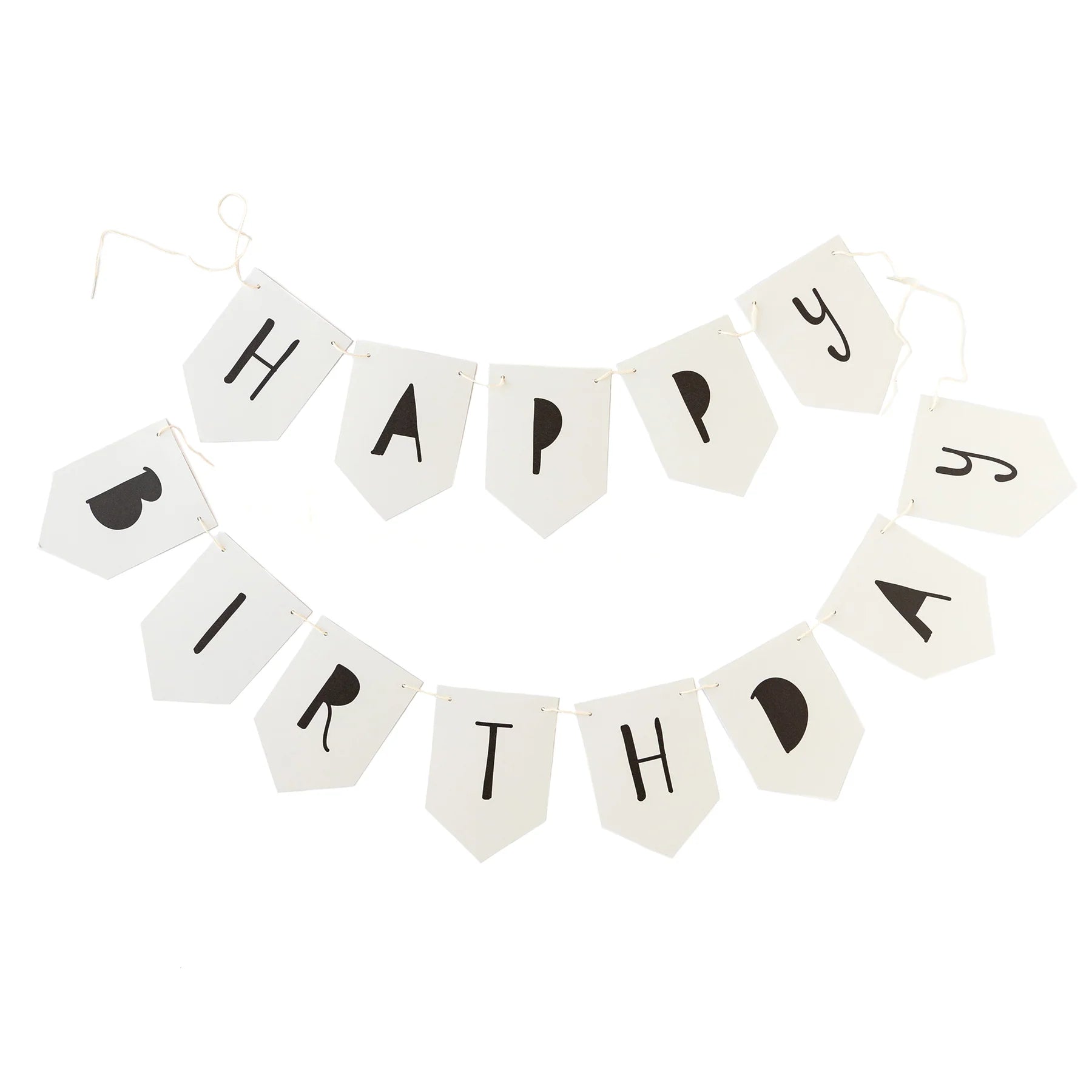 Unboxed “Happy Birthday” banner showing white pennants with playful black letters, laid out ready for stringing.