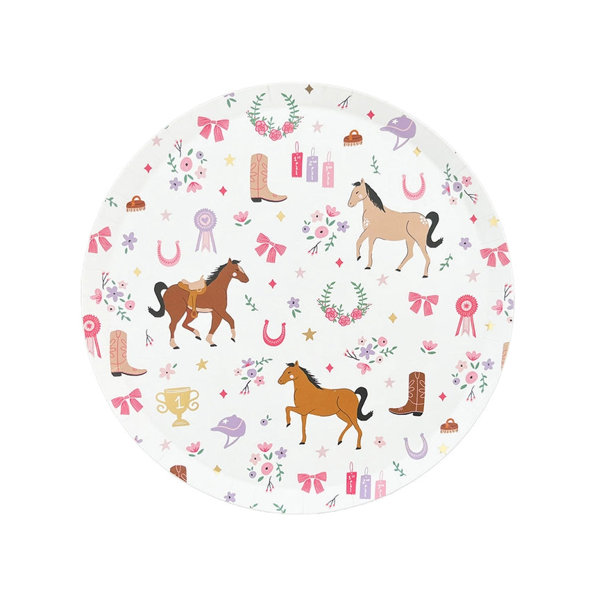 Round 8‑inch plate covered in illustrated horses, boots, ribbons, flowers, and pink horseshoes.