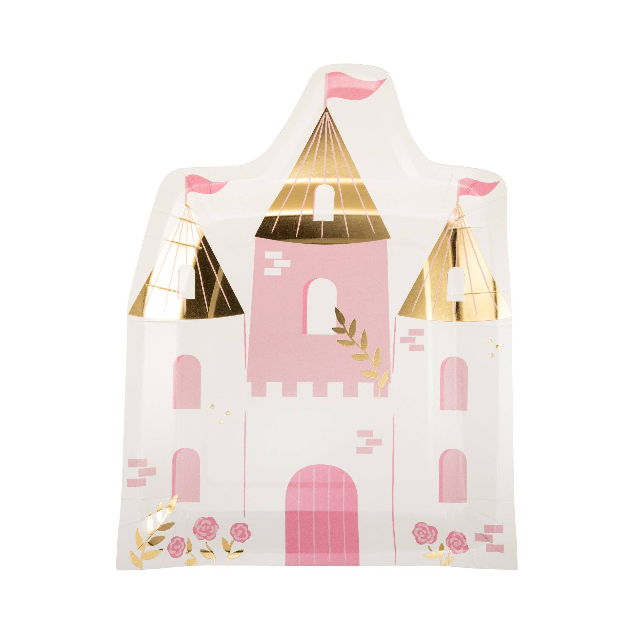 A standalone pink and gold castle decor plate showing the detailed turret and rose graphics.