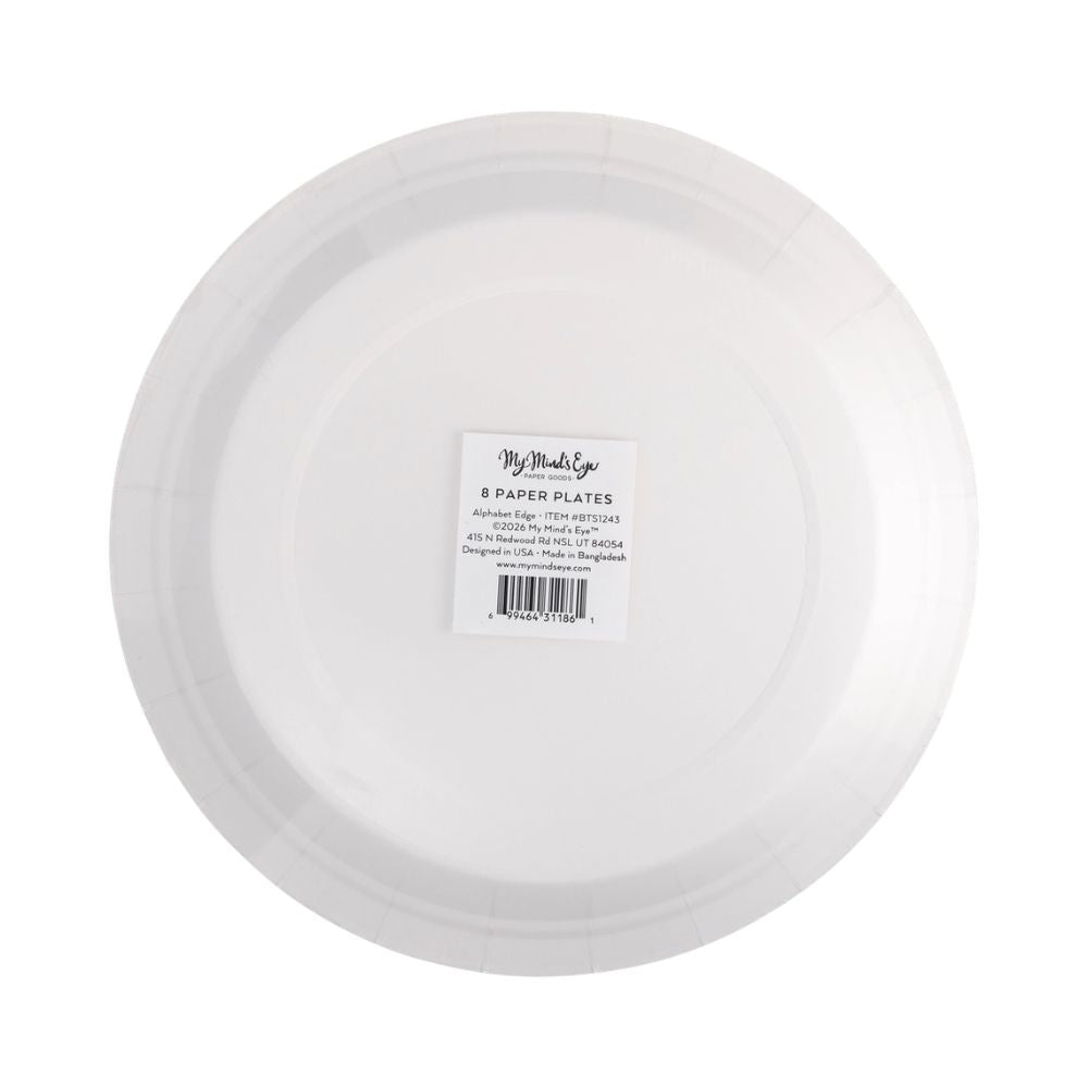 Back of alphabet plate with packaging label.