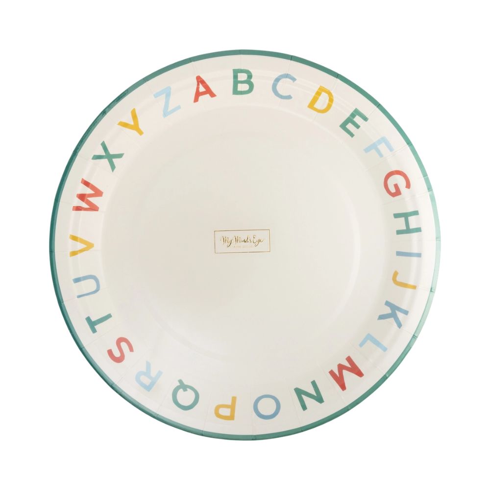 Front of alphabet plate with packaging label.