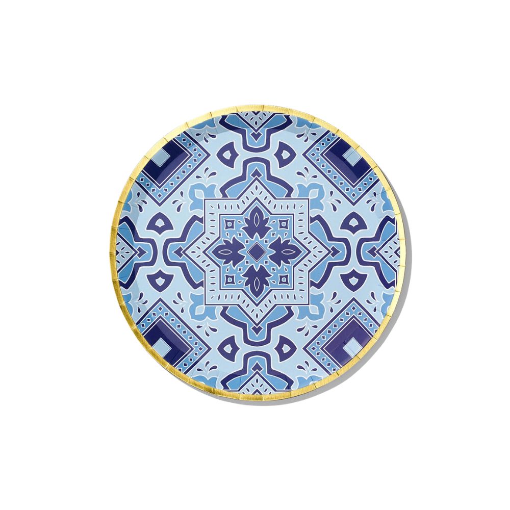 Blue Amalfi tile patterned party plate with gold rim.
