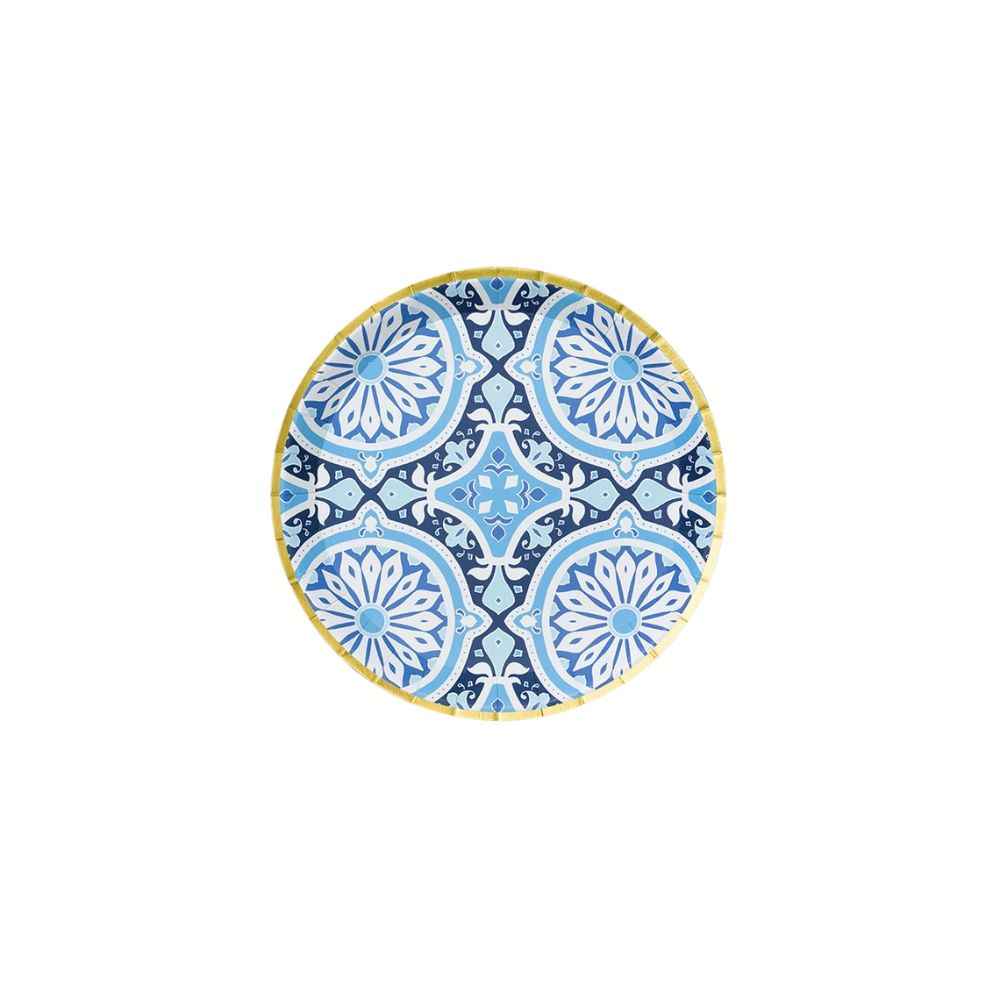 Blue Amalfi tile patterned small dessert plate with gold rim.
