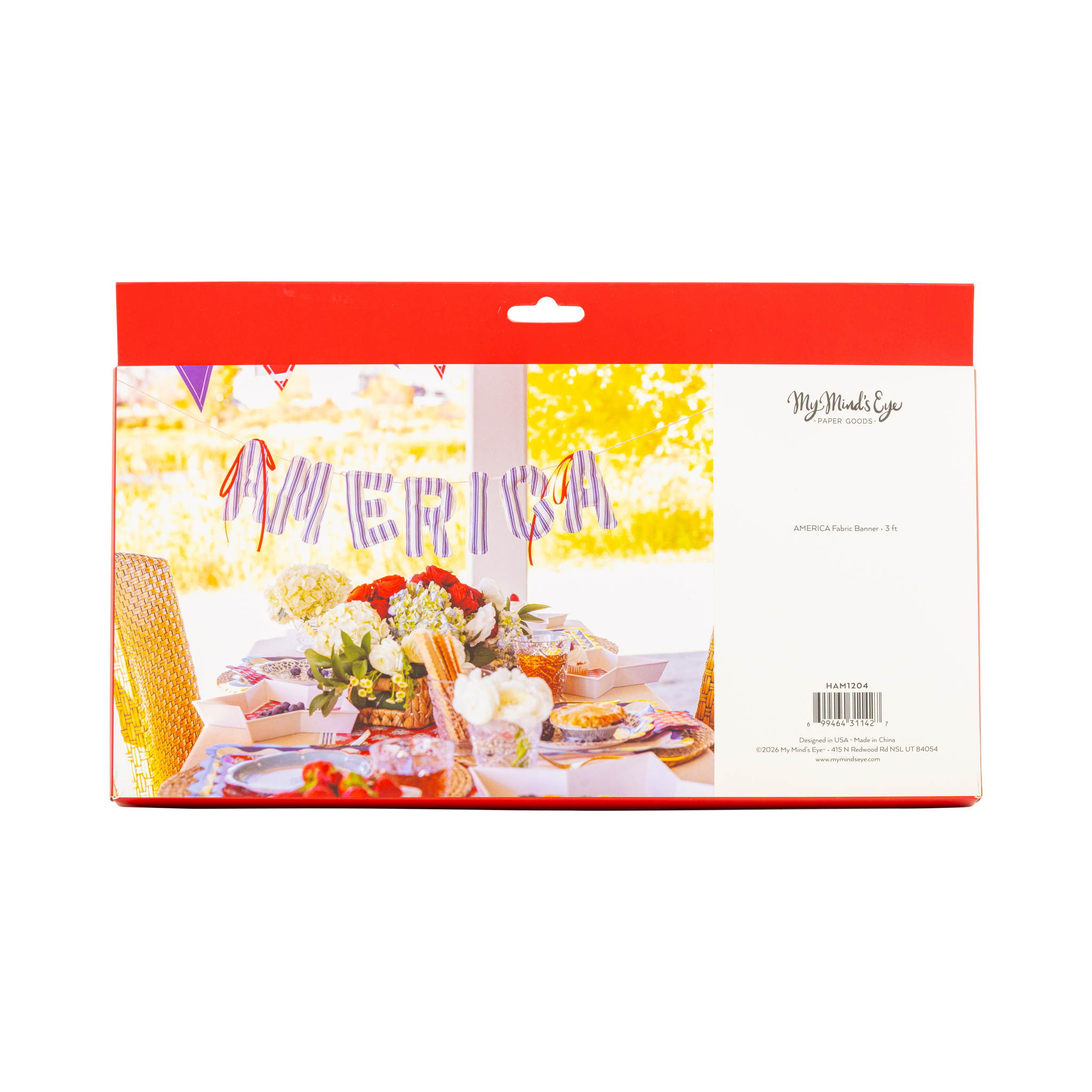 Back of red packaging box for America fabric banner showing styled 4th of July tablescape