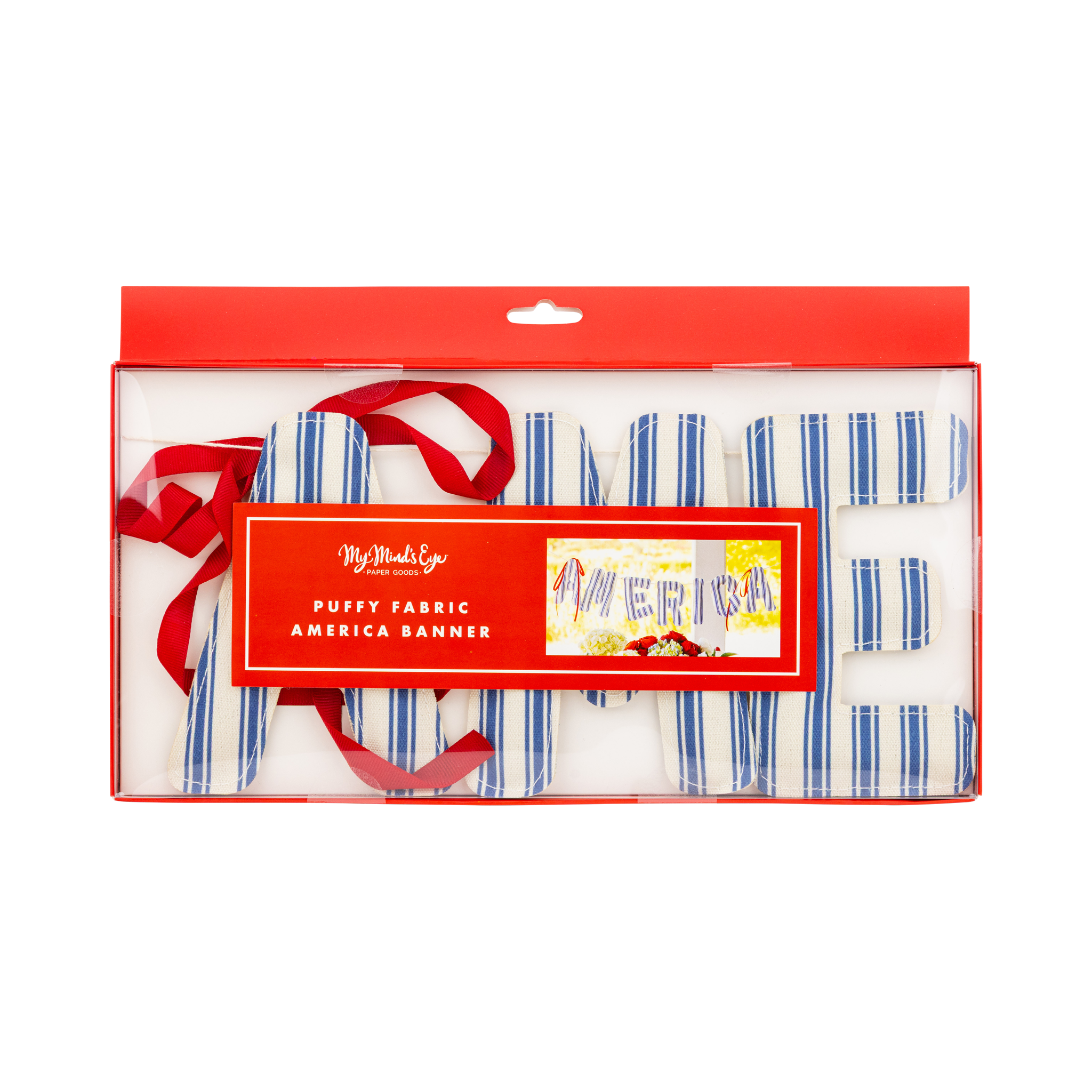 America puffy ticking fabric banner inside red gift box with clear window