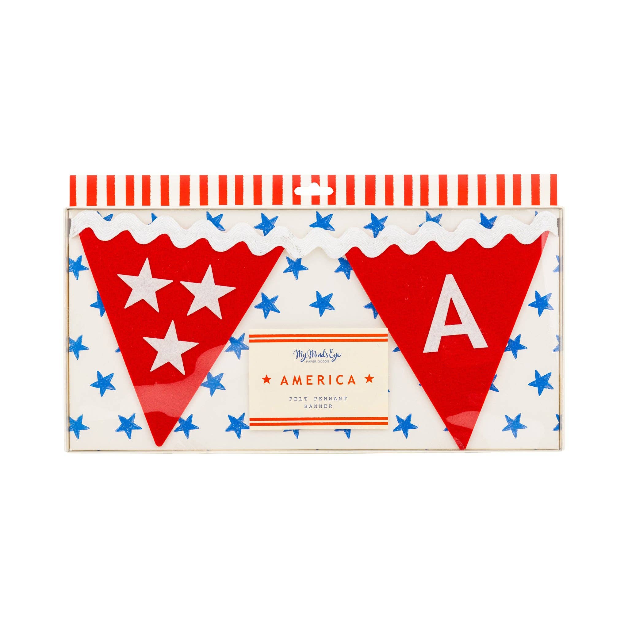 America felt pennant banner in retail box showing red felt pennants with white star and letter details on blue star print packaging