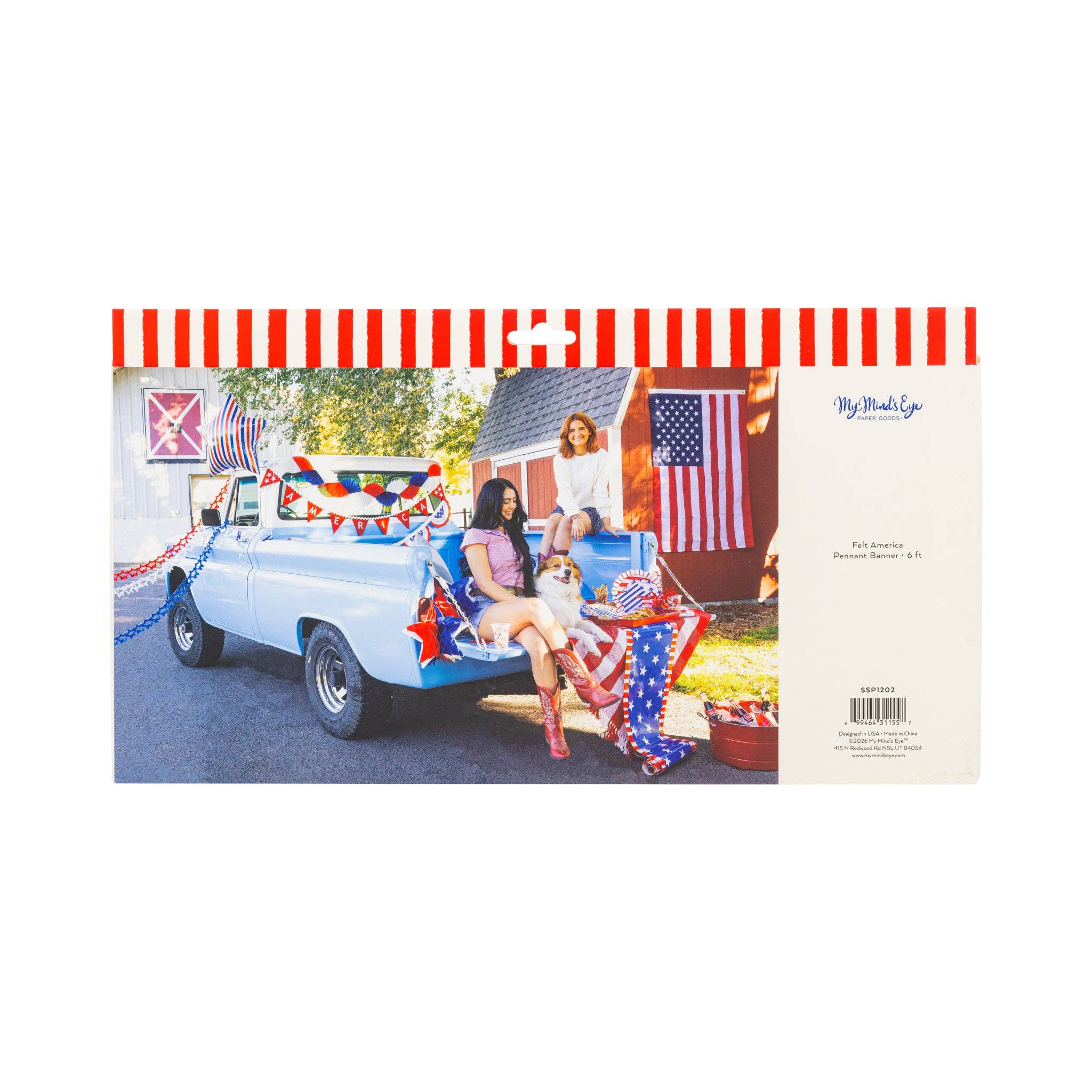 Product packaging for America felt pennant banner by My Mind's Eye showing lifestyle photo and product details