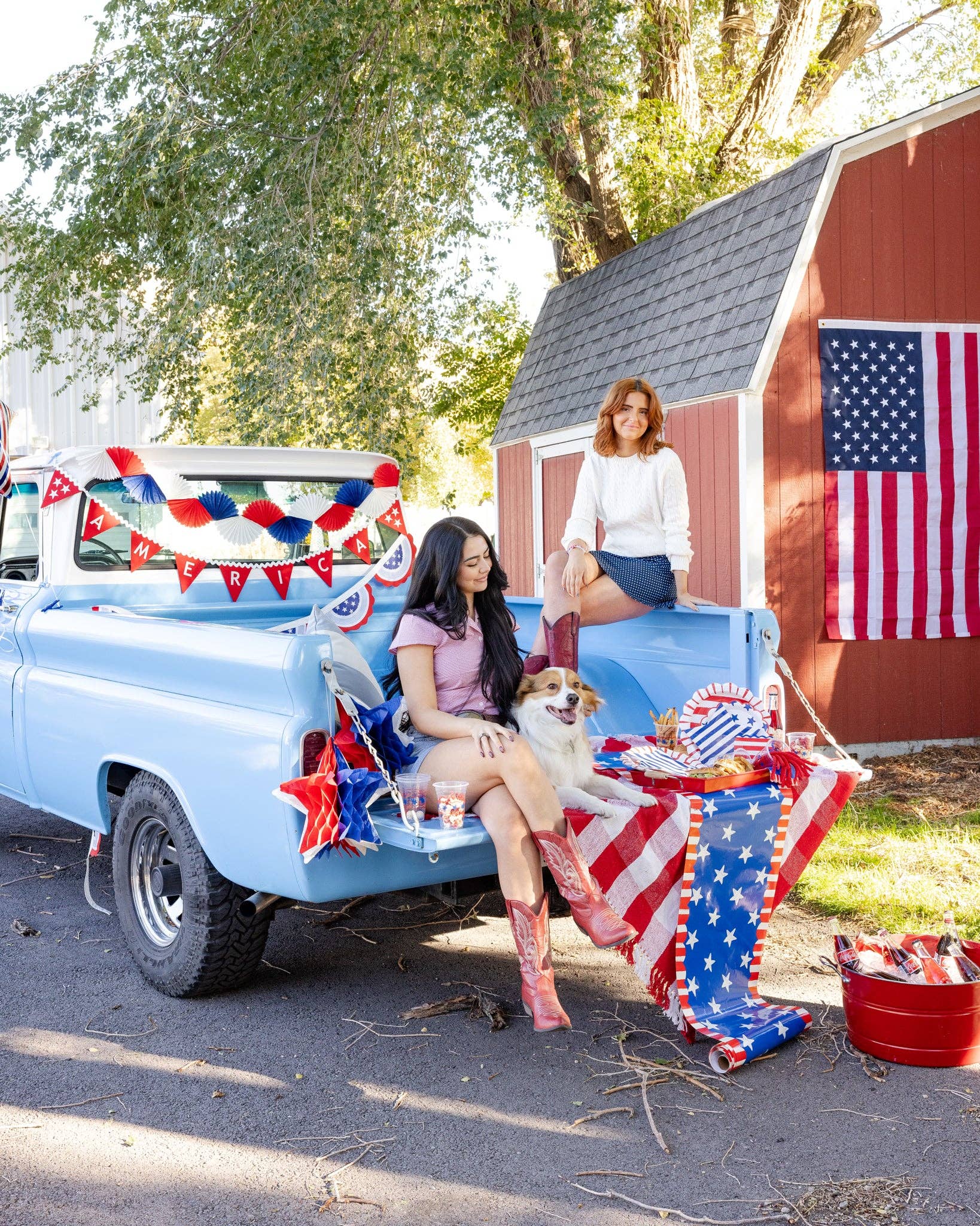 America felt pennant banner hung on vintage blue truck with two women and a dog sitting in the truck bed surrounded by patriotic party decor